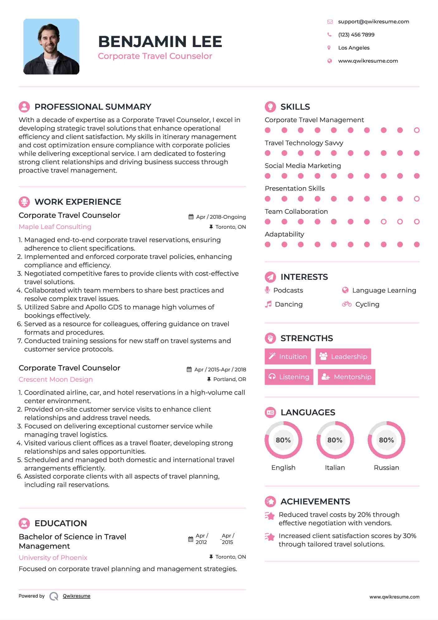 Corporate Travel Counselor Resume Sample