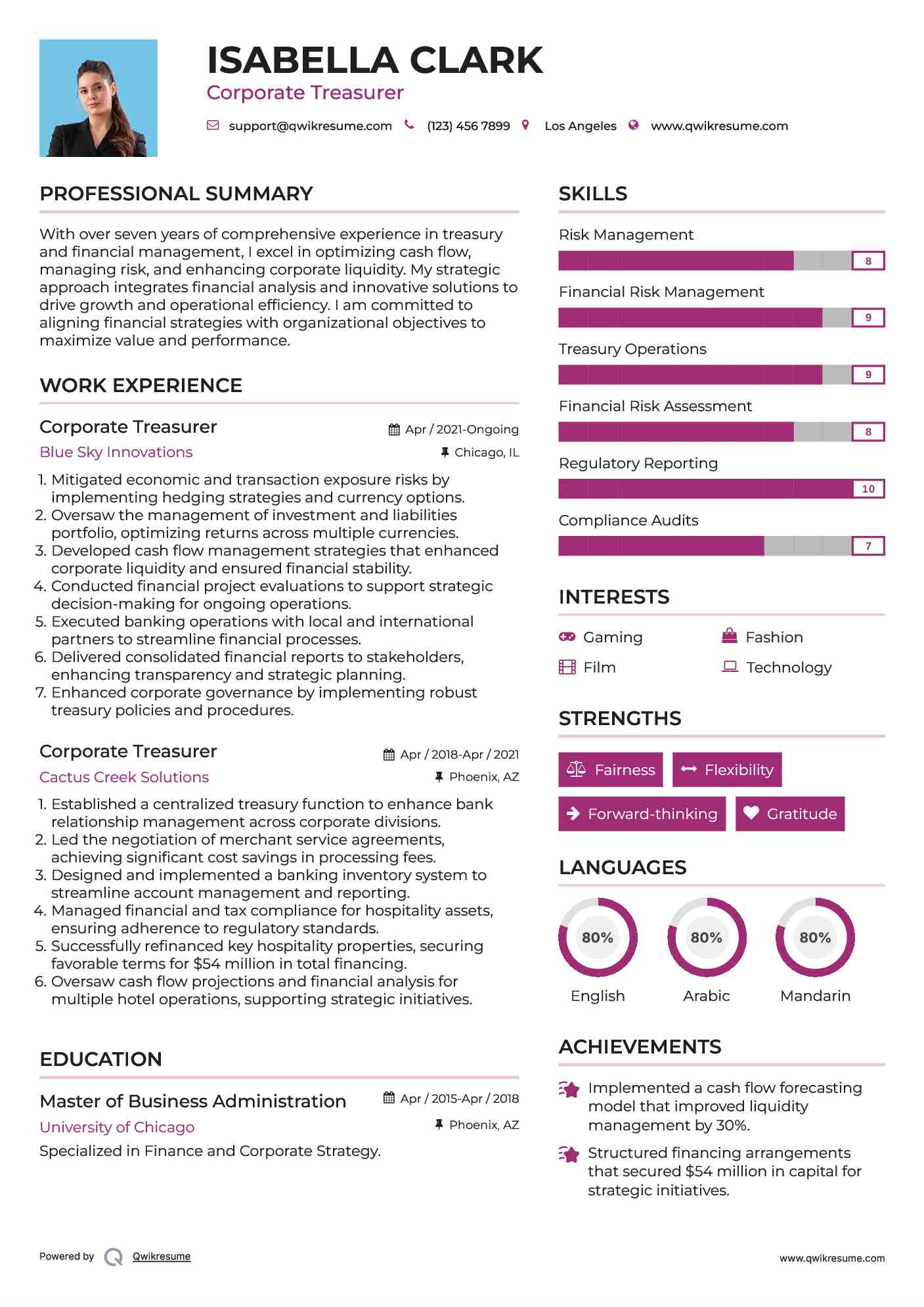 Corporate Treasurer Resume Template
