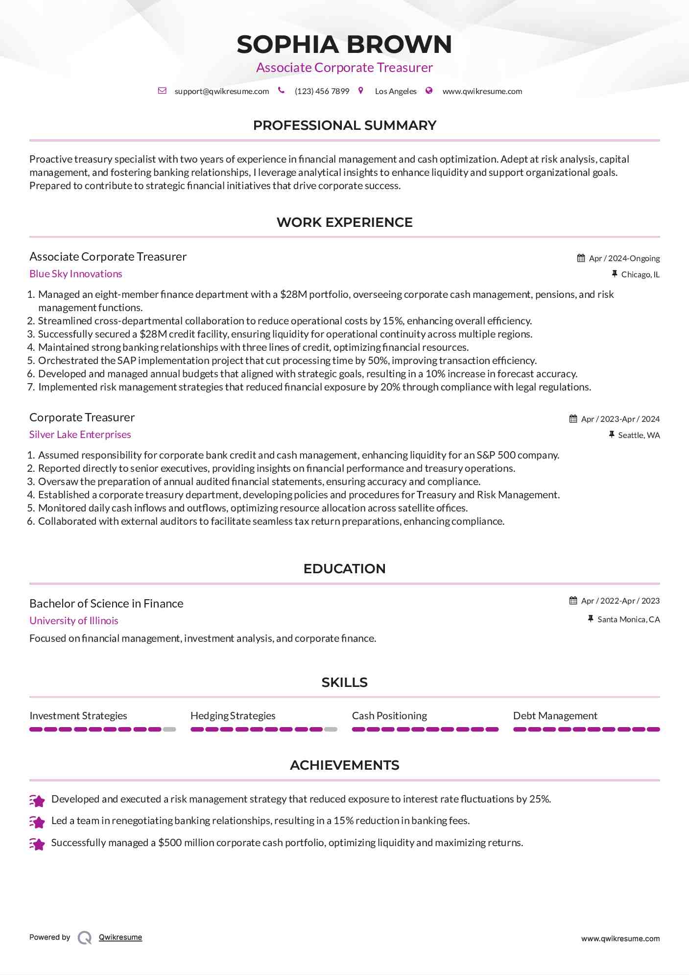 Associate Corporate Treasurer  Resume Example