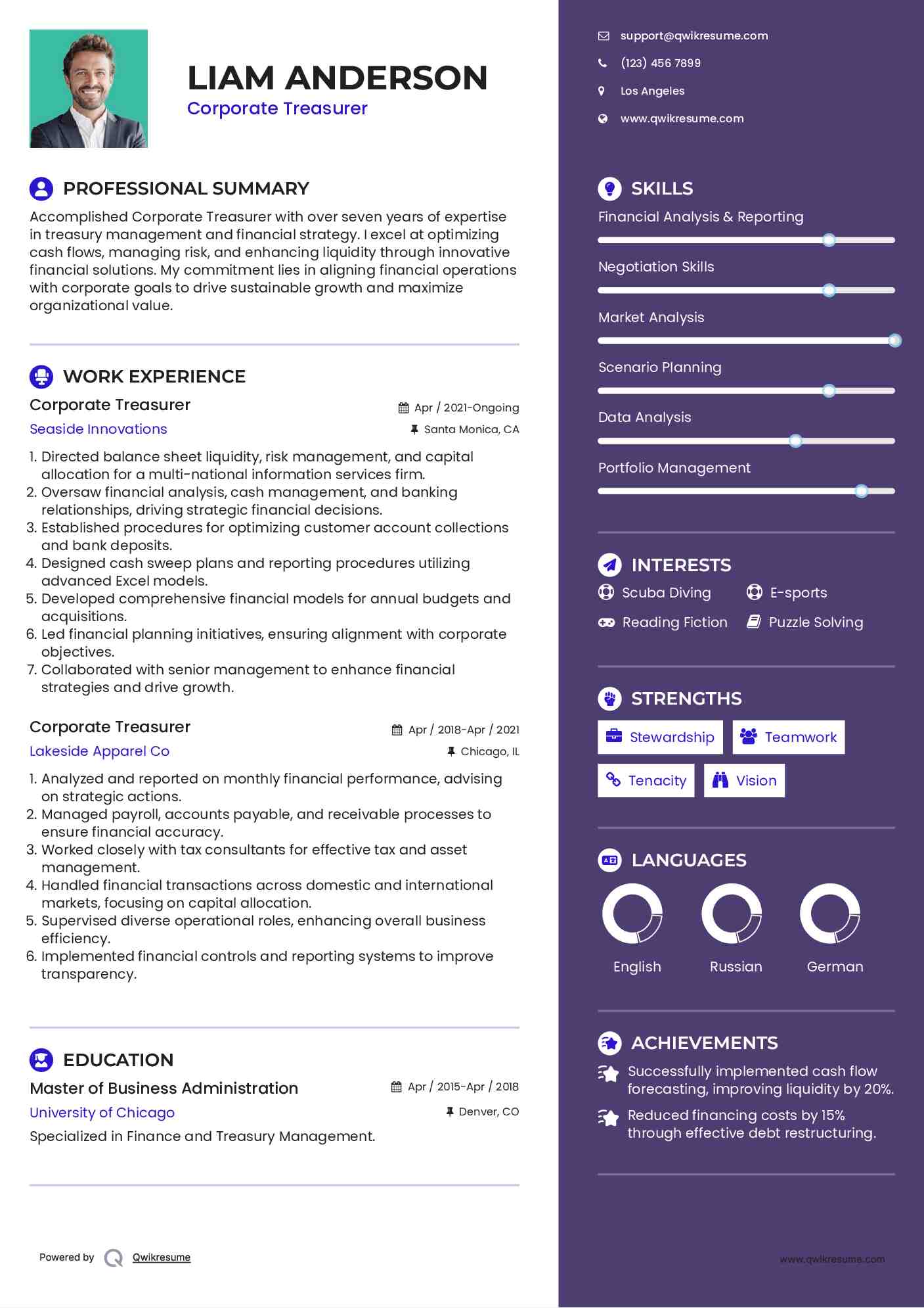 Corporate Treasurer Resume Example