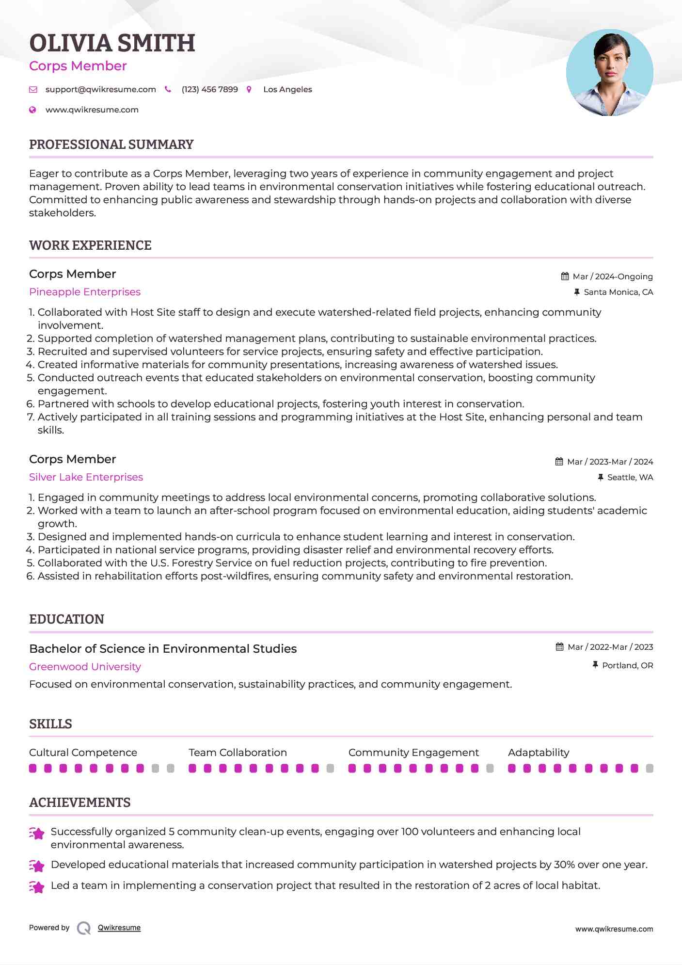 Corps Member Resume Example