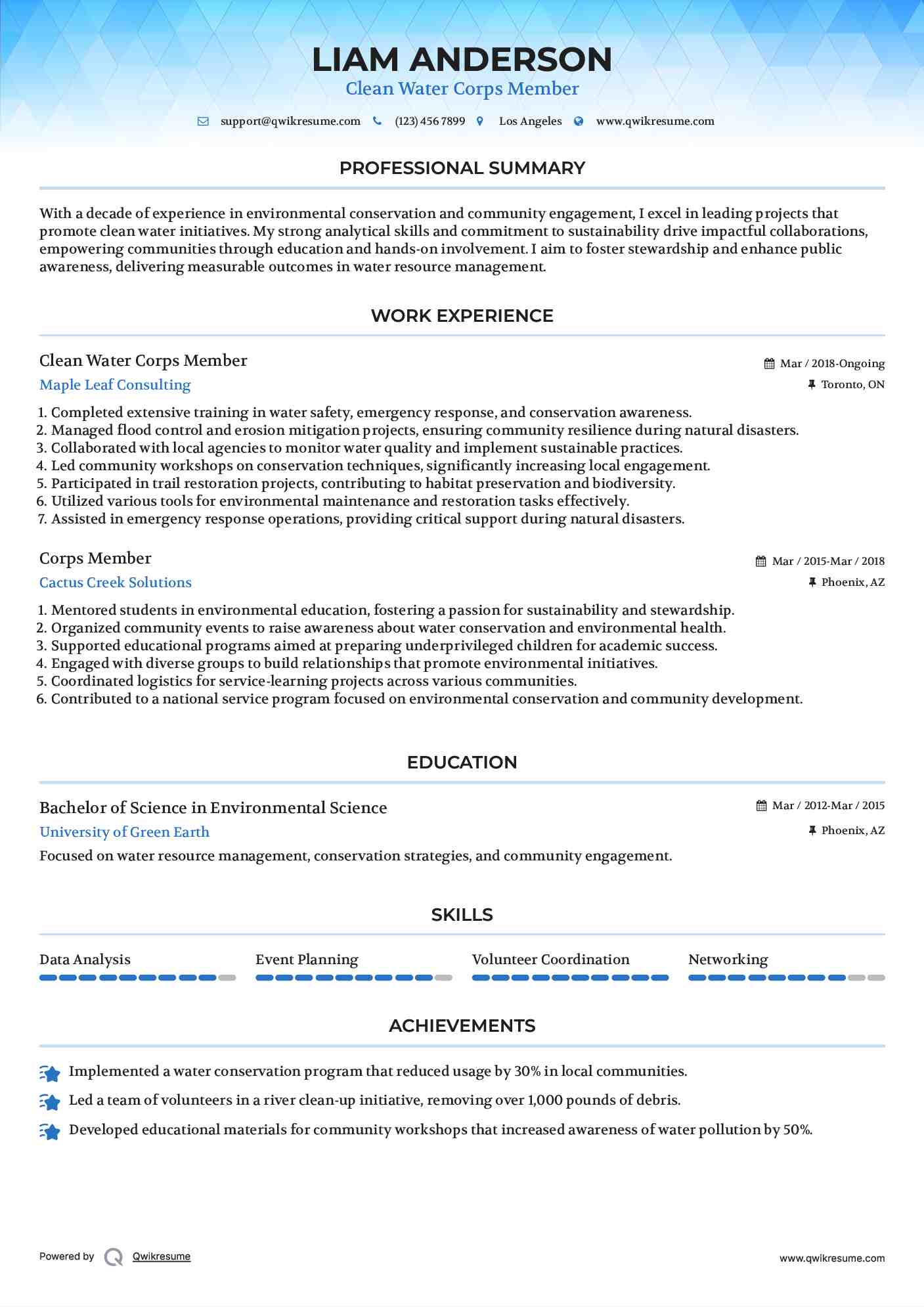 Clean Water Corps Member Resume Example