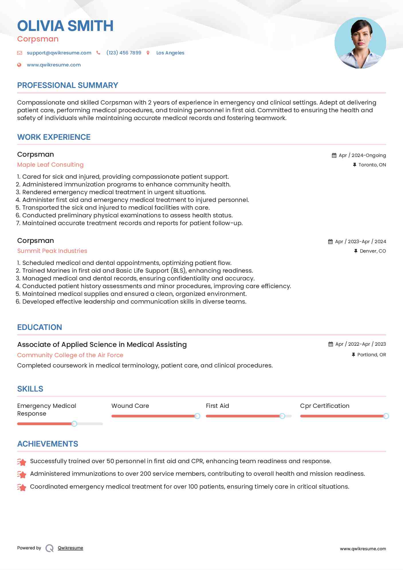 Corpsman Resume Format