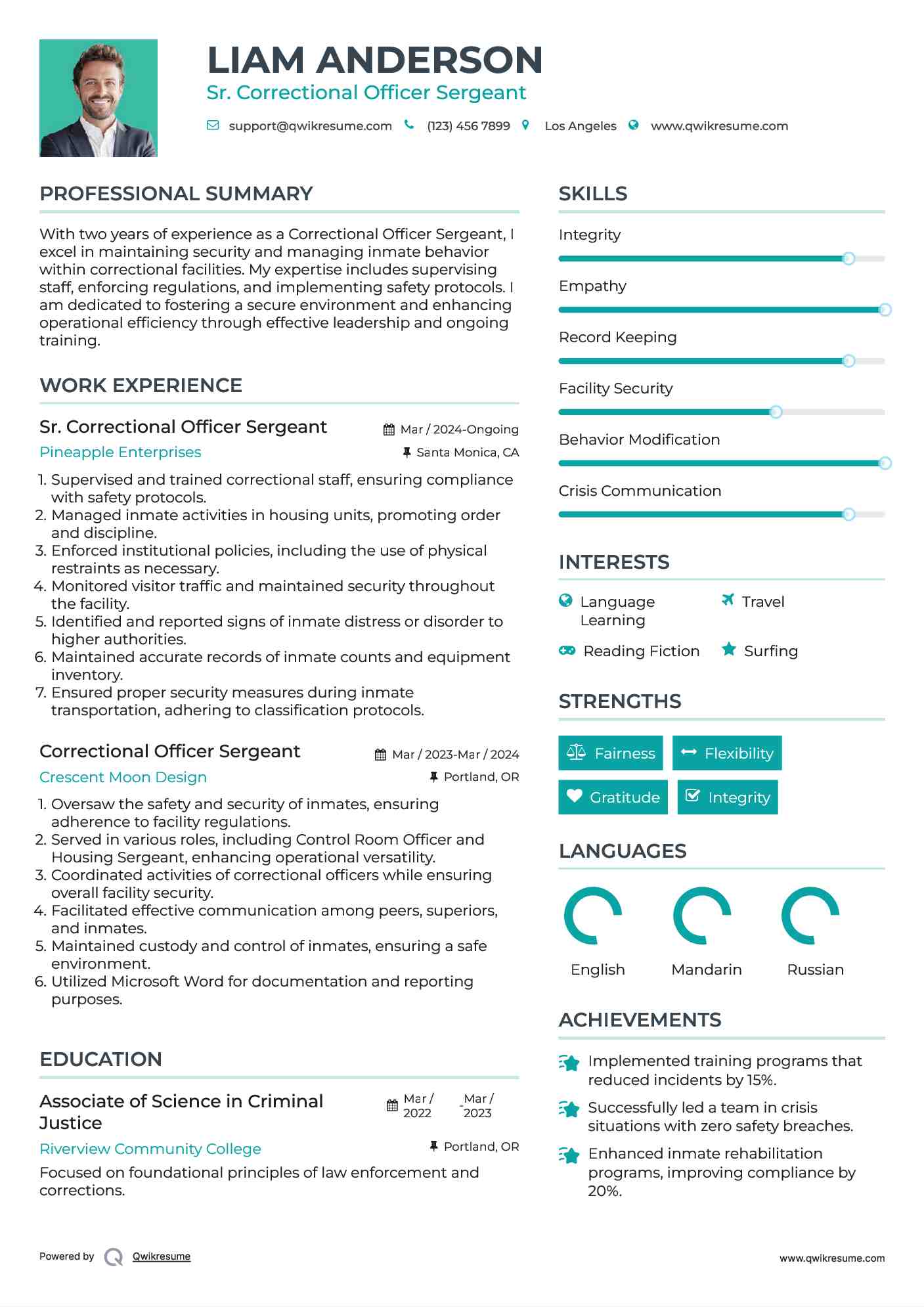 Sr. Correctional Officer Sergeant Resume Sample