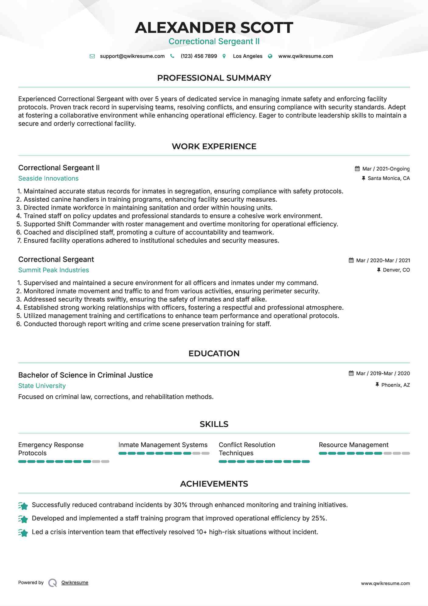 Correctional Sergeant II Resume Model