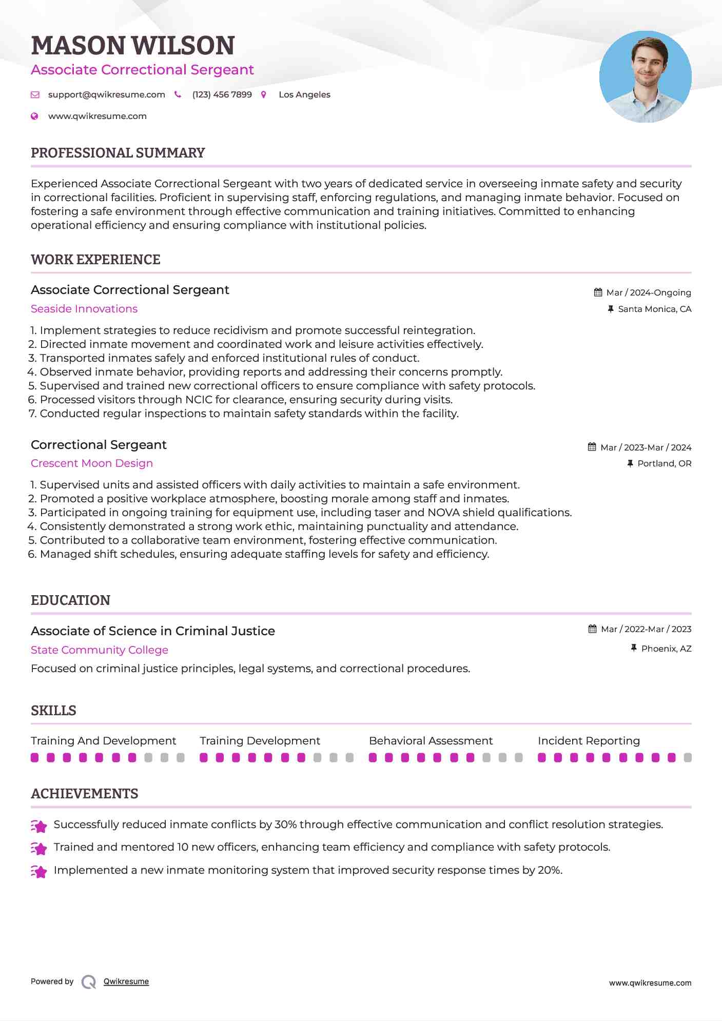 Associate Correctional Sergeant Resume Sample