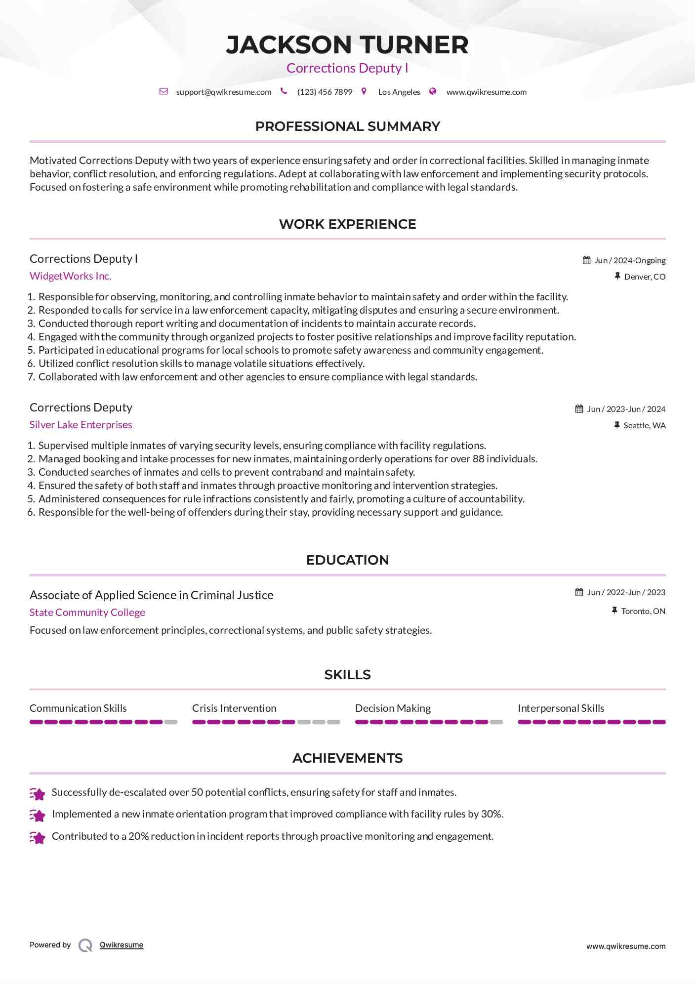 Corrections Deputy I Resume Template