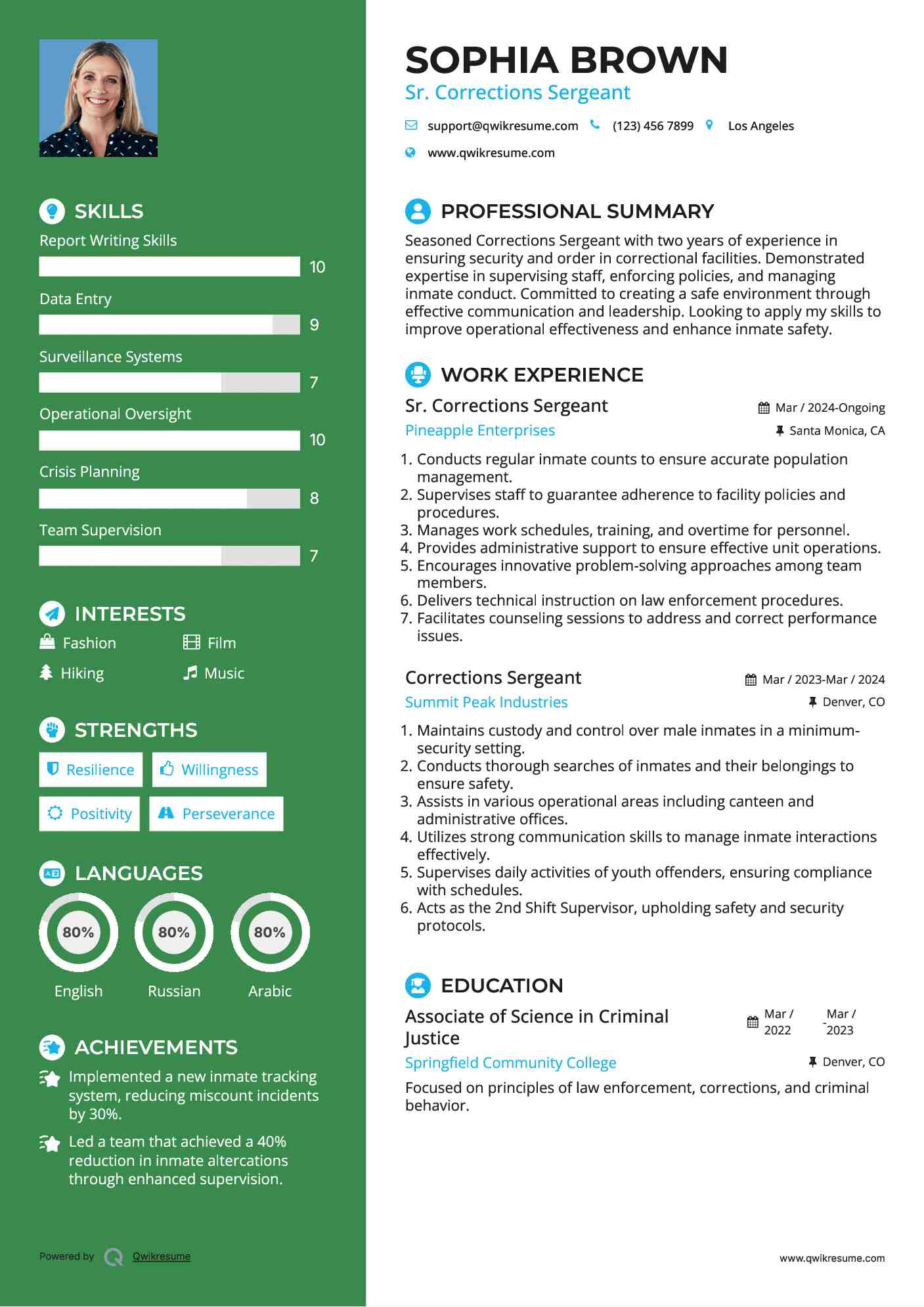 Sr. Corrections Sergeant Resume Template