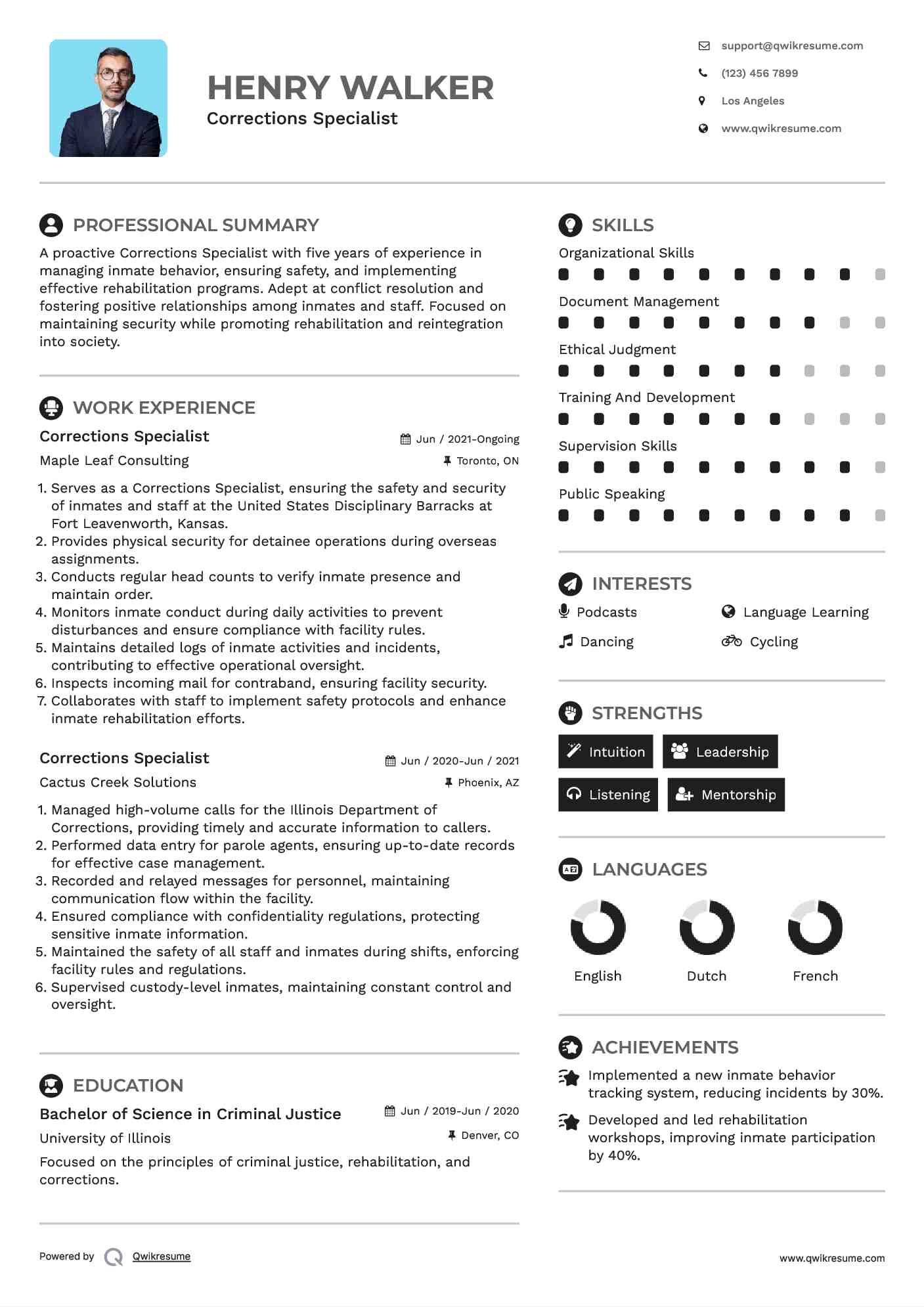 Corrections Specialist Resume Sample