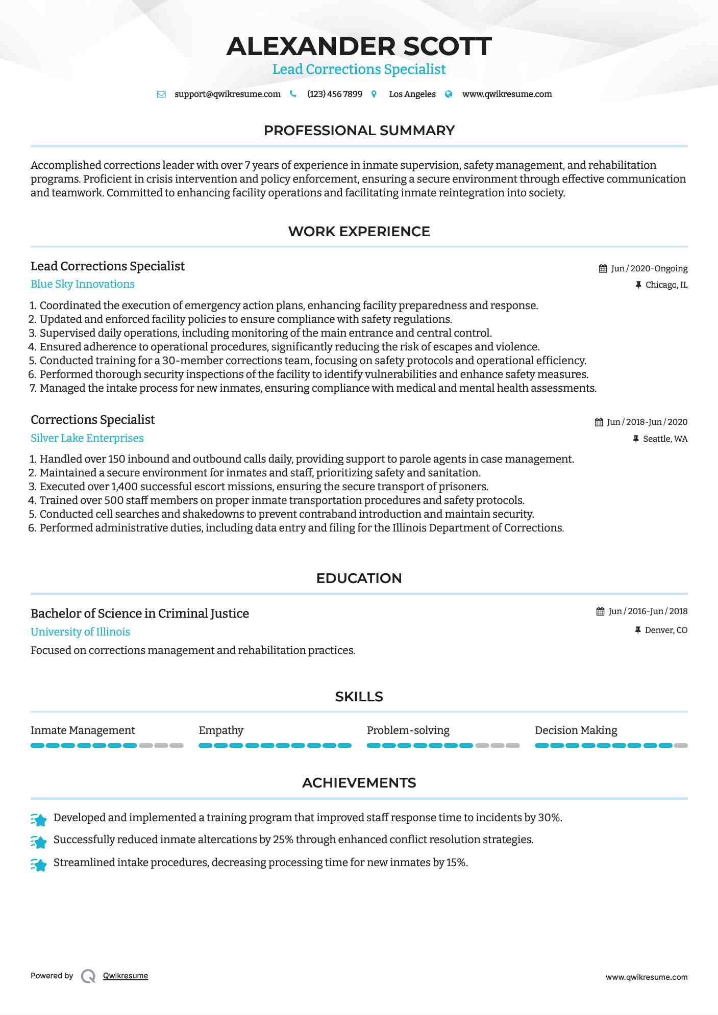 Lead Corrections Specialist Resume Sample