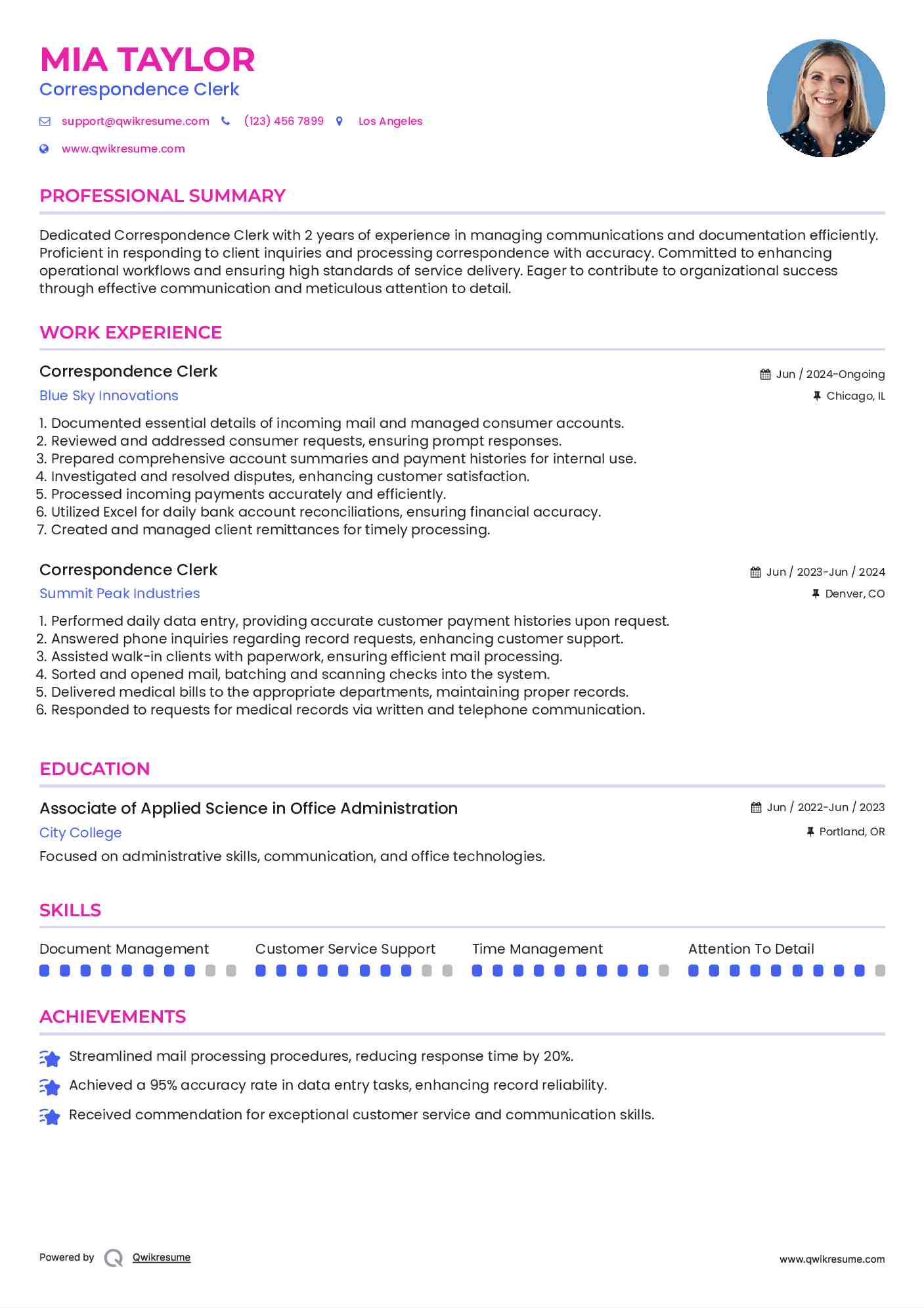 Correspondence Clerk Resume Model