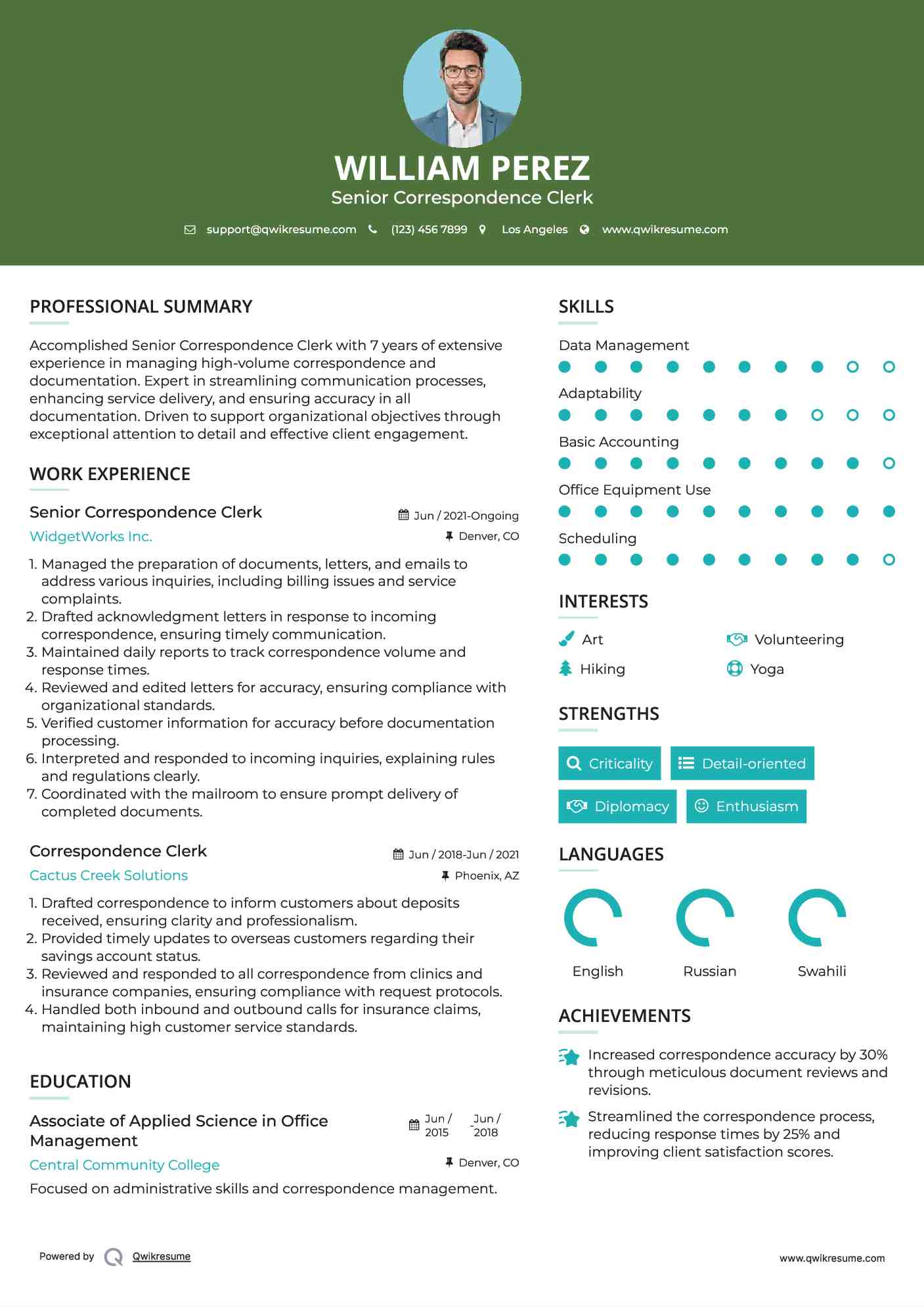 Senior Correspondence Clerk Resume Template