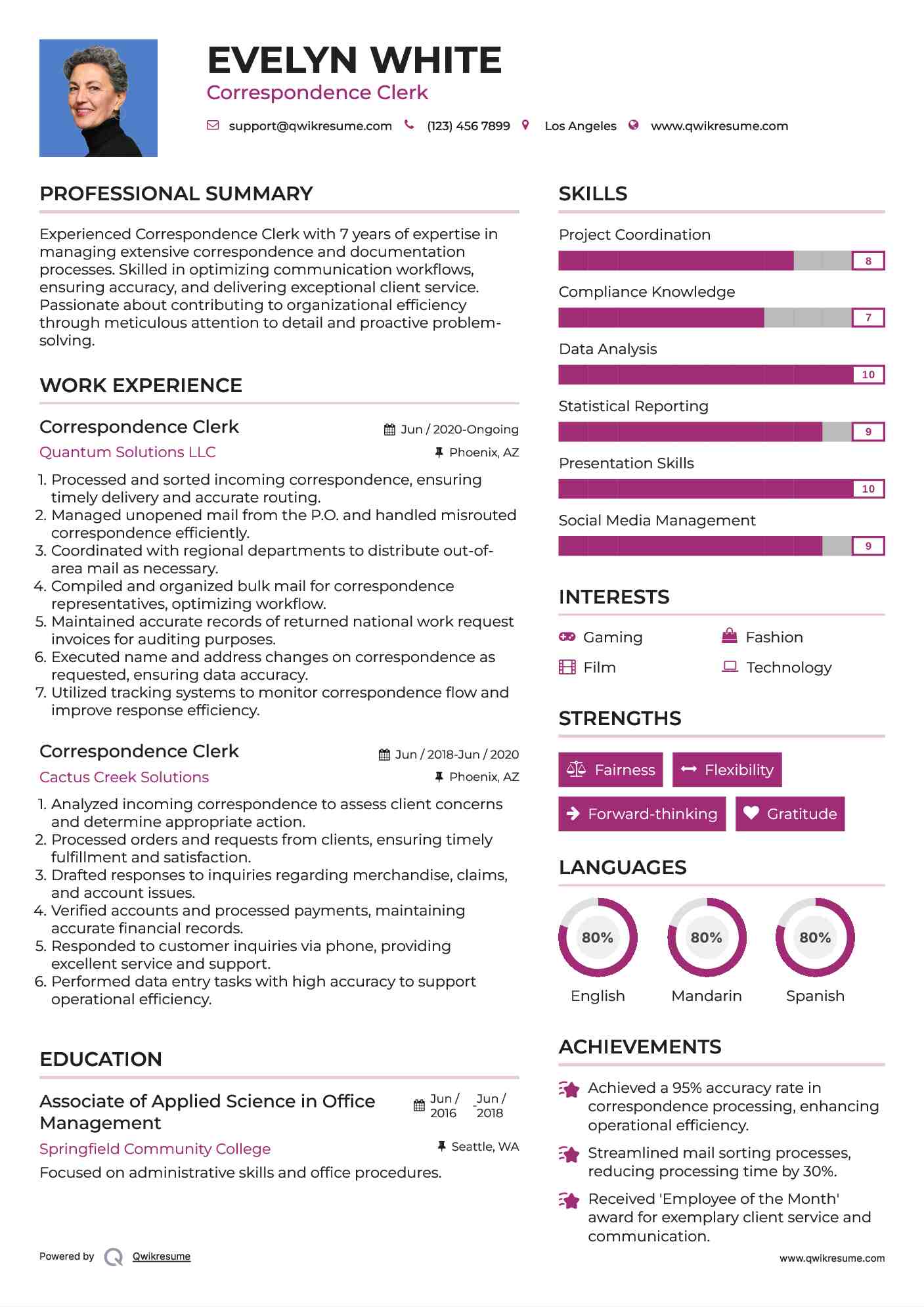 Correspondence Clerk Resume Example