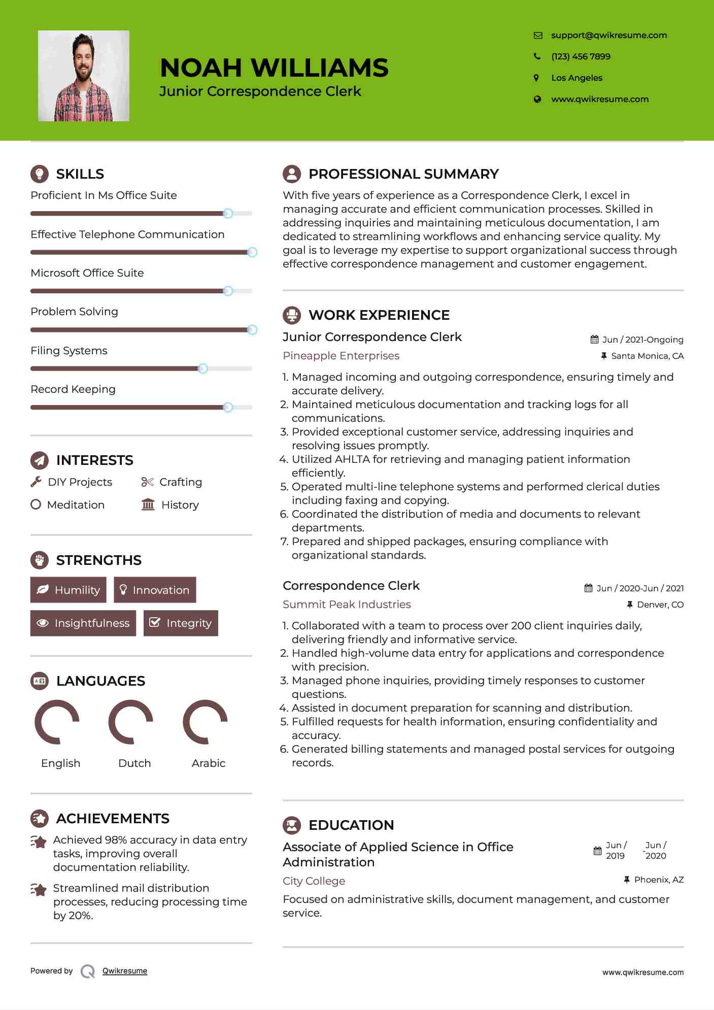 Junior Correspondence Clerk Resume Example