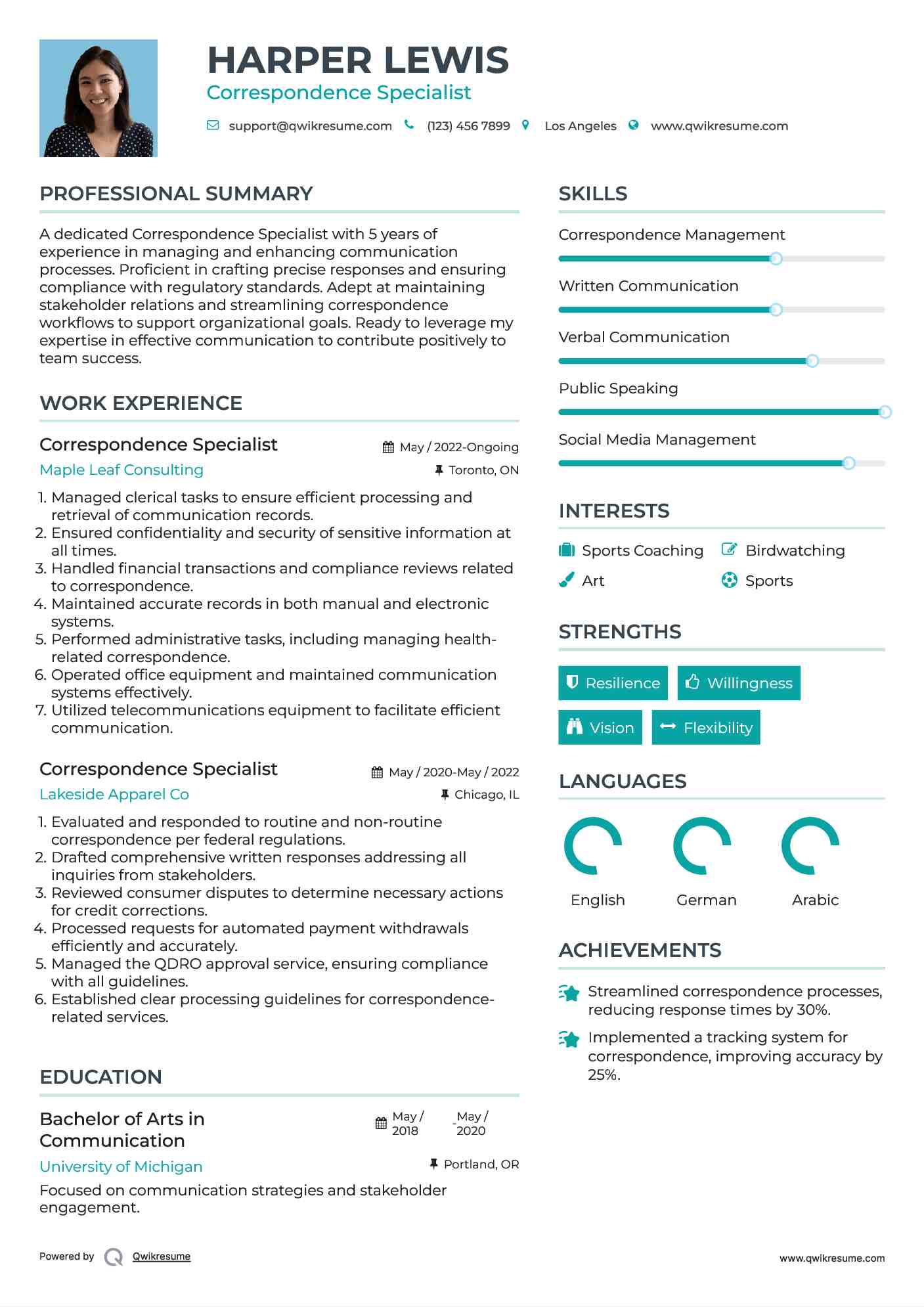 Correspondence Specialist Resume Samples QwikResume