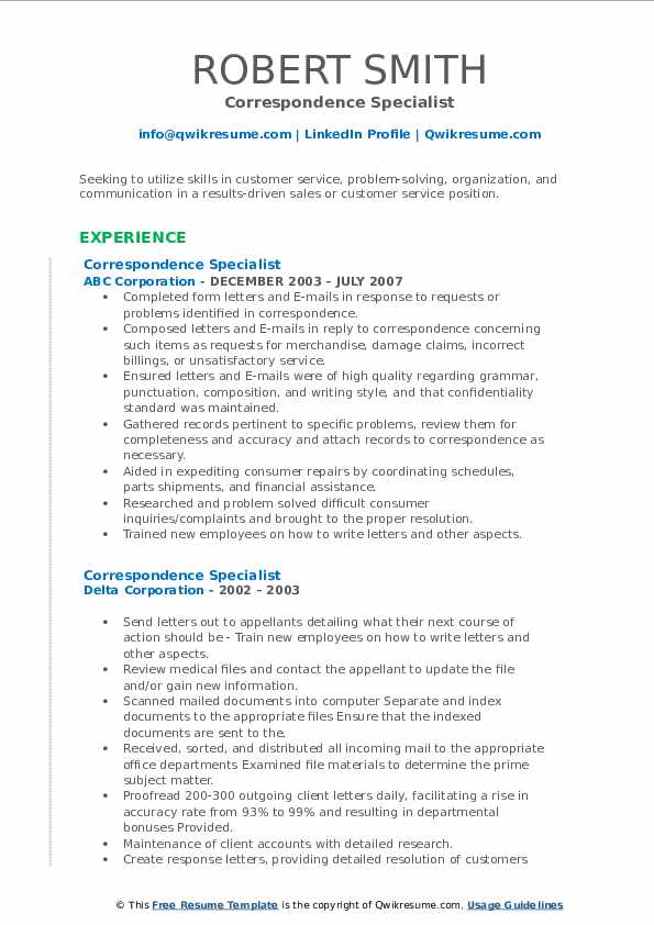 Correspondence Specialist Resume Samples QwikResume