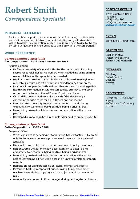 Correspondence Specialist Resume Samples QwikResume