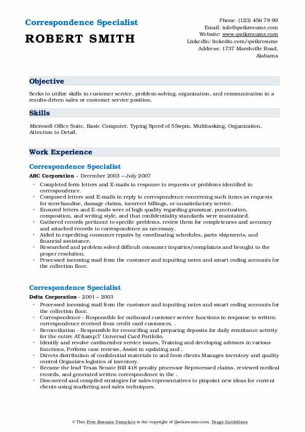 Correspondence Specialist Resume Samples QwikResume