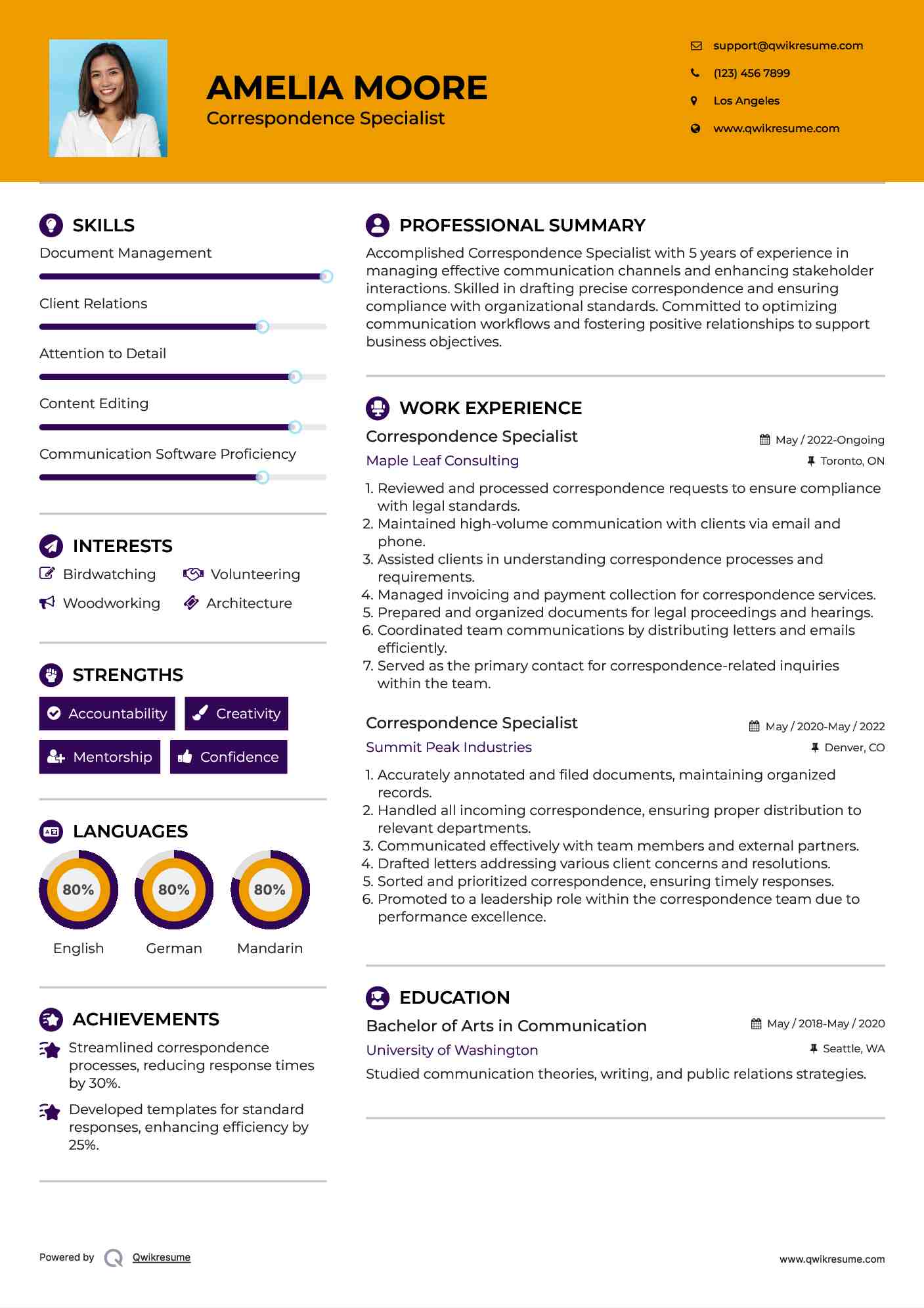 Correspondence Specialist Resume Samples QwikResume