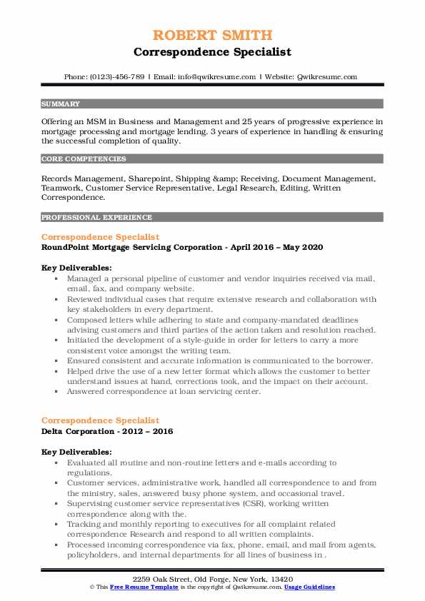 Correspondence Specialist Resume Samples QwikResume