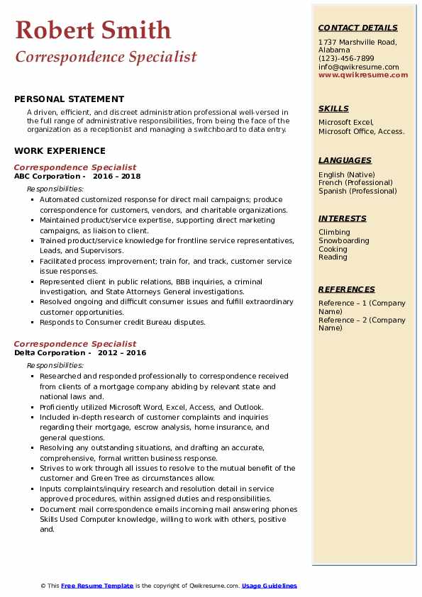 Correspondence Specialist Resume Samples QwikResume