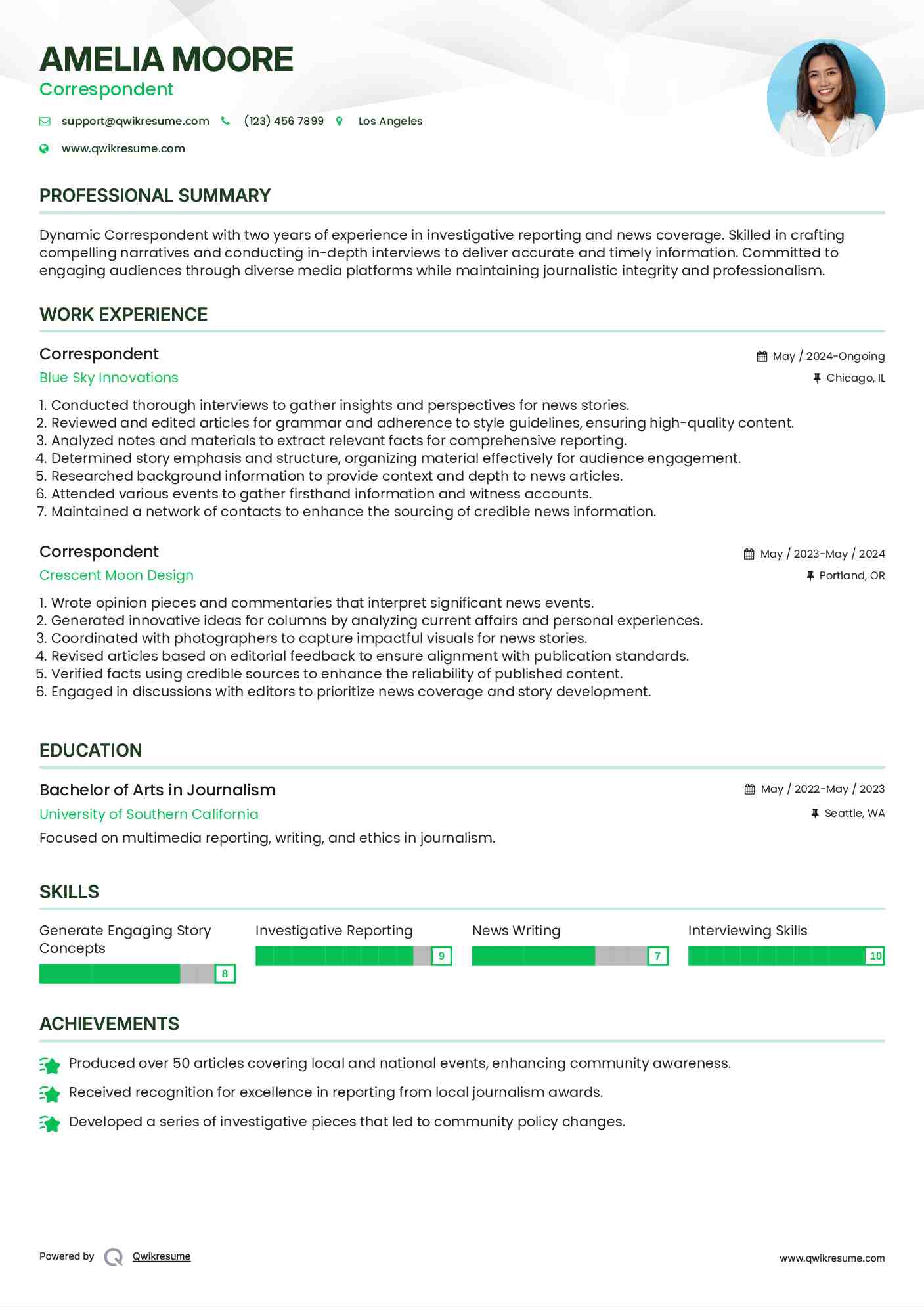 Correspondent Resume Sample