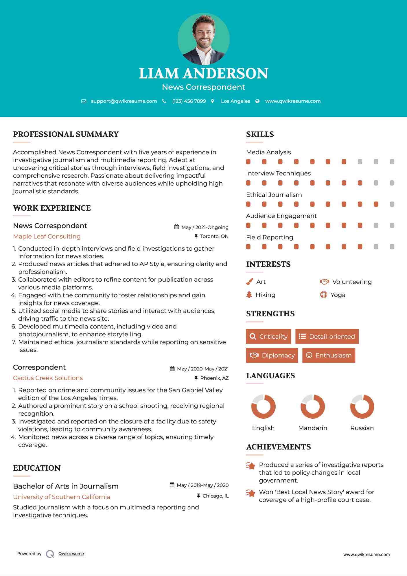 News Correspondent Resume Template