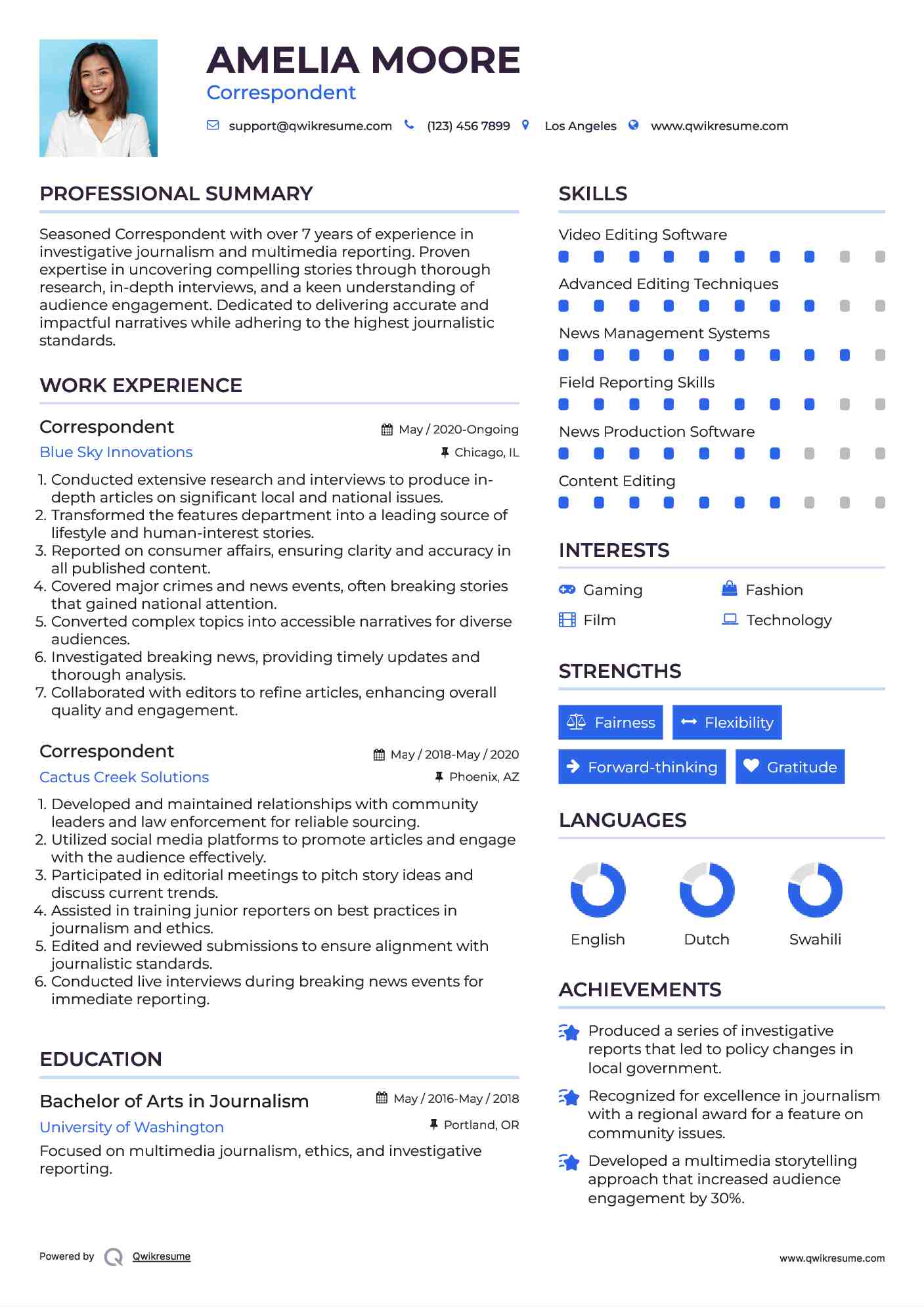 Correspondent Resume Sample