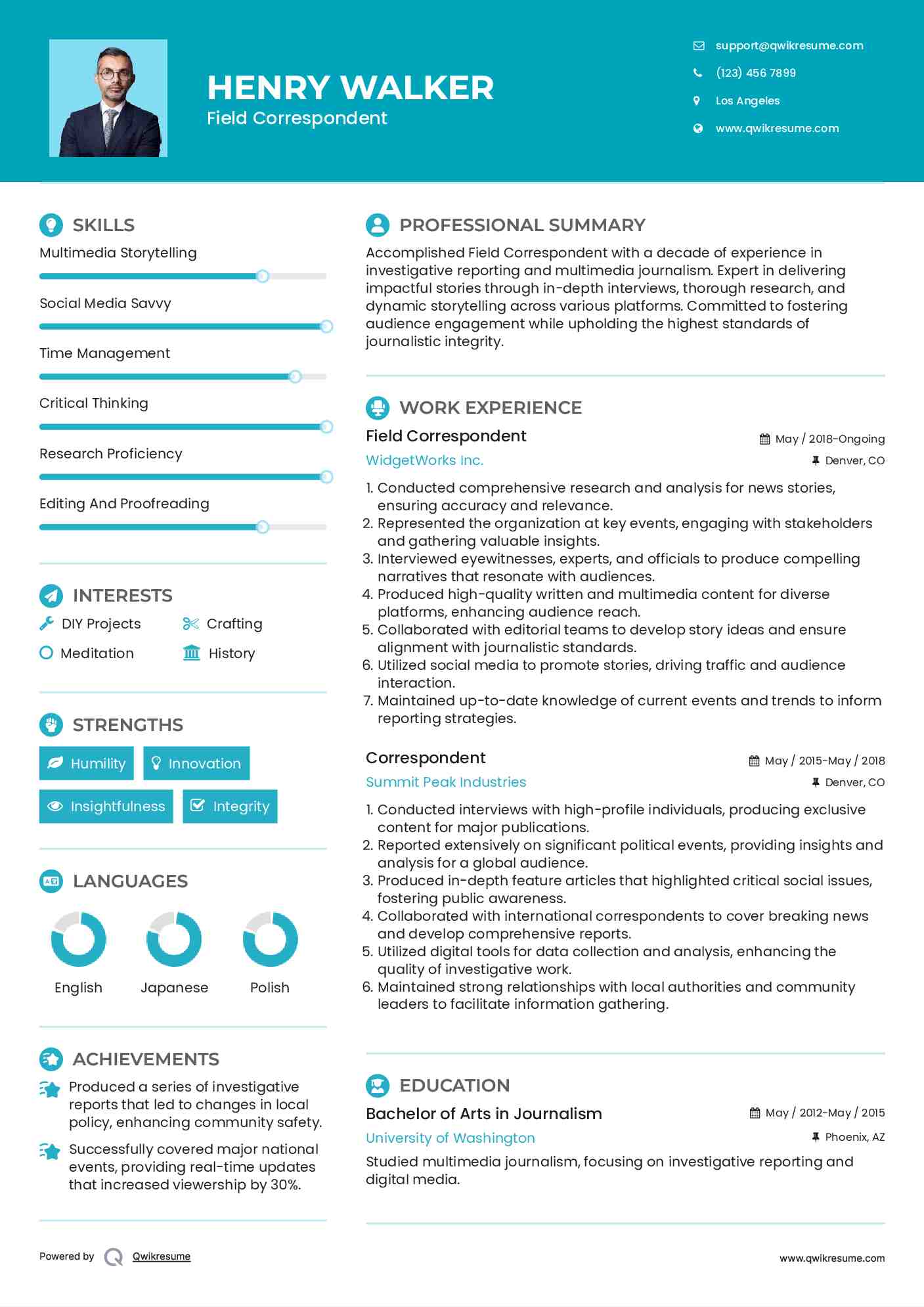 Field Correspondent Resume Sample