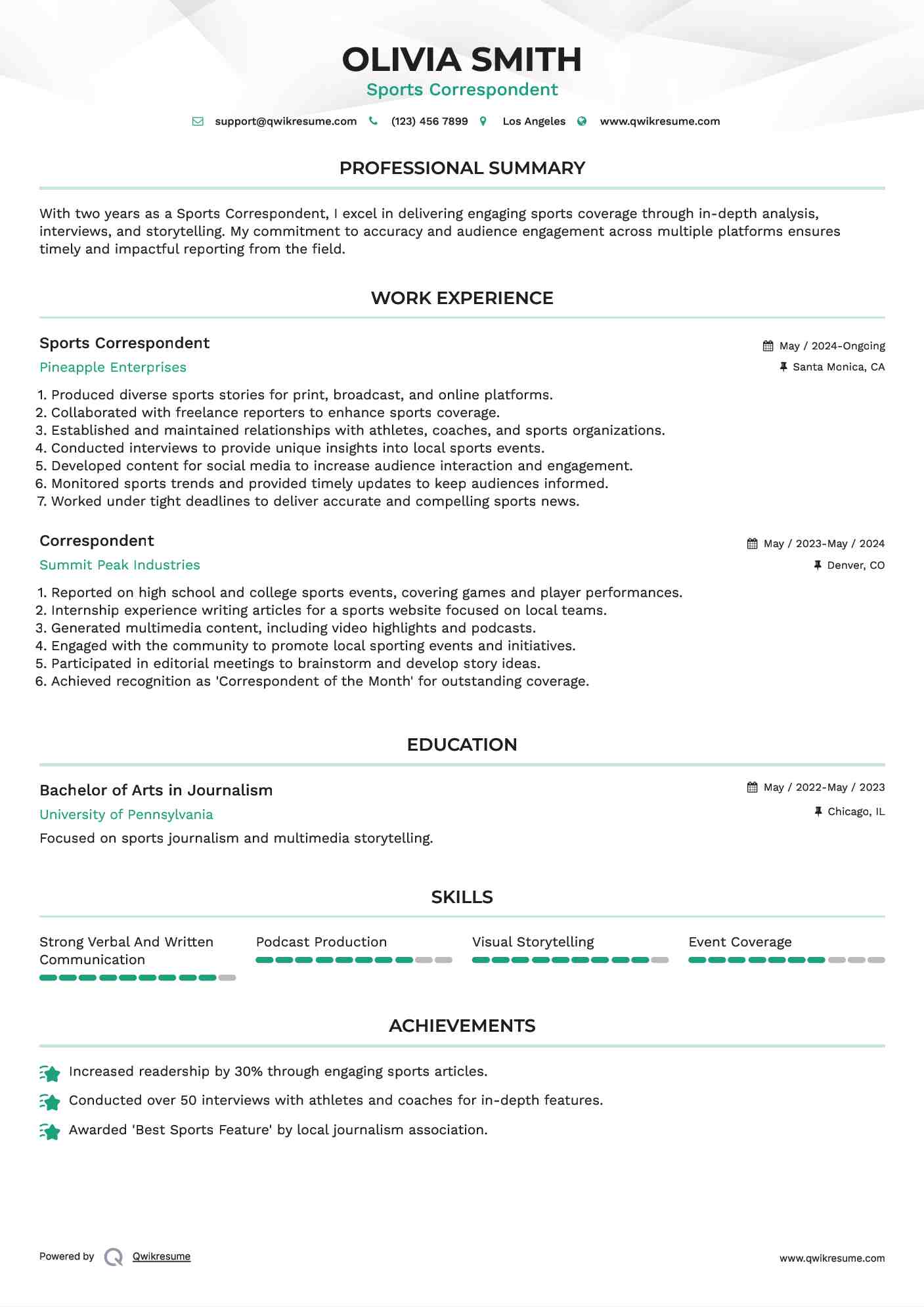 Sports Correspondent Resume Template
