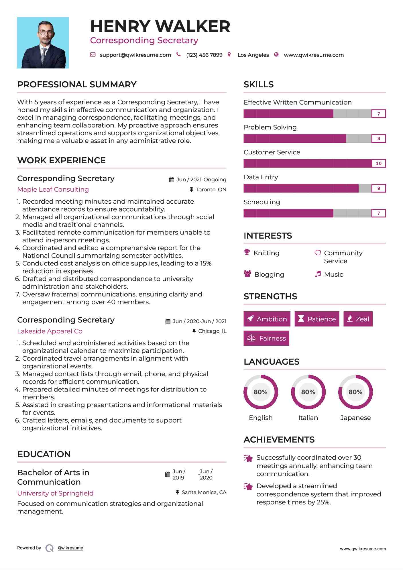 Corresponding Secretary Resume Example