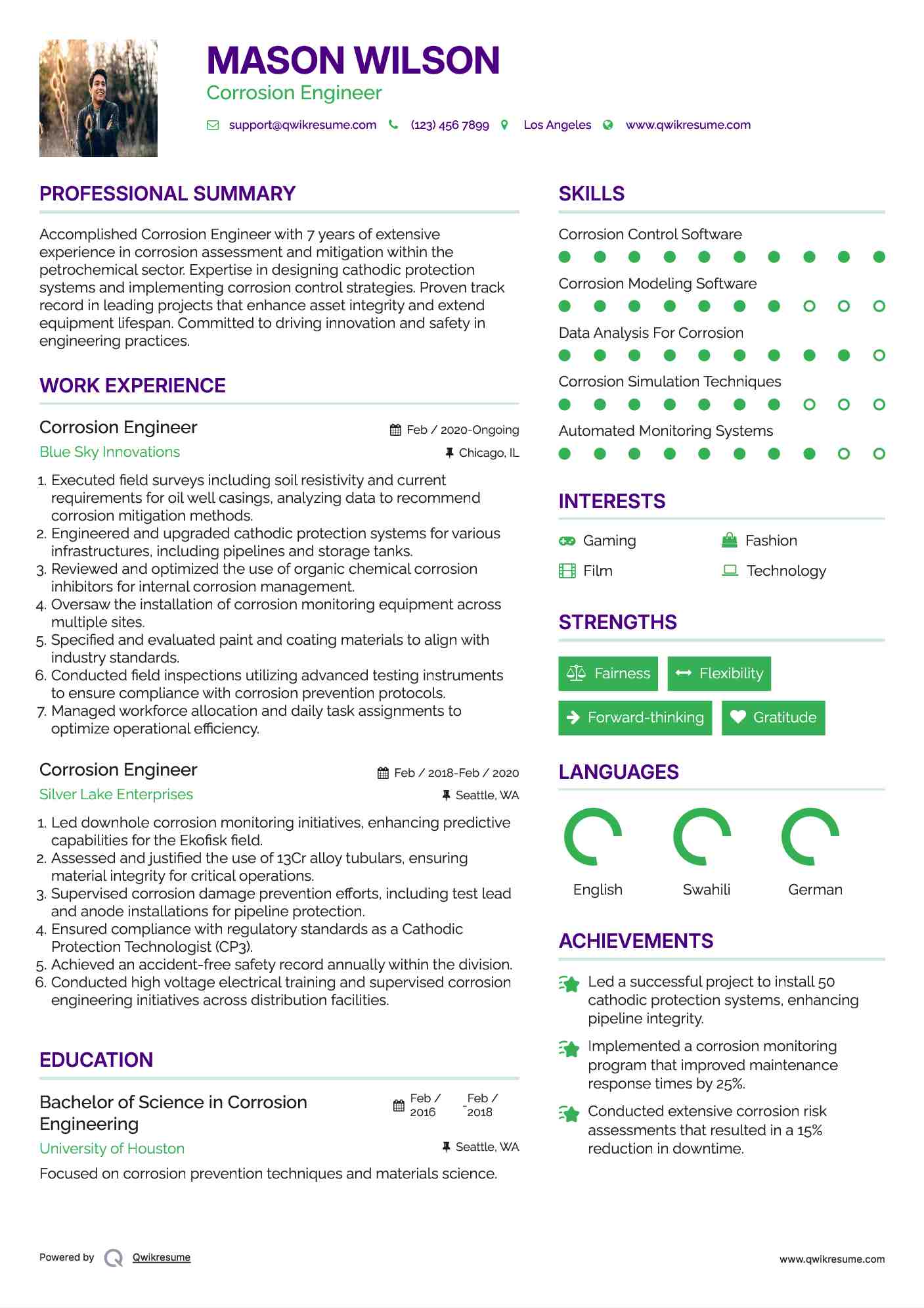 Corrosion Engineer Resume Example