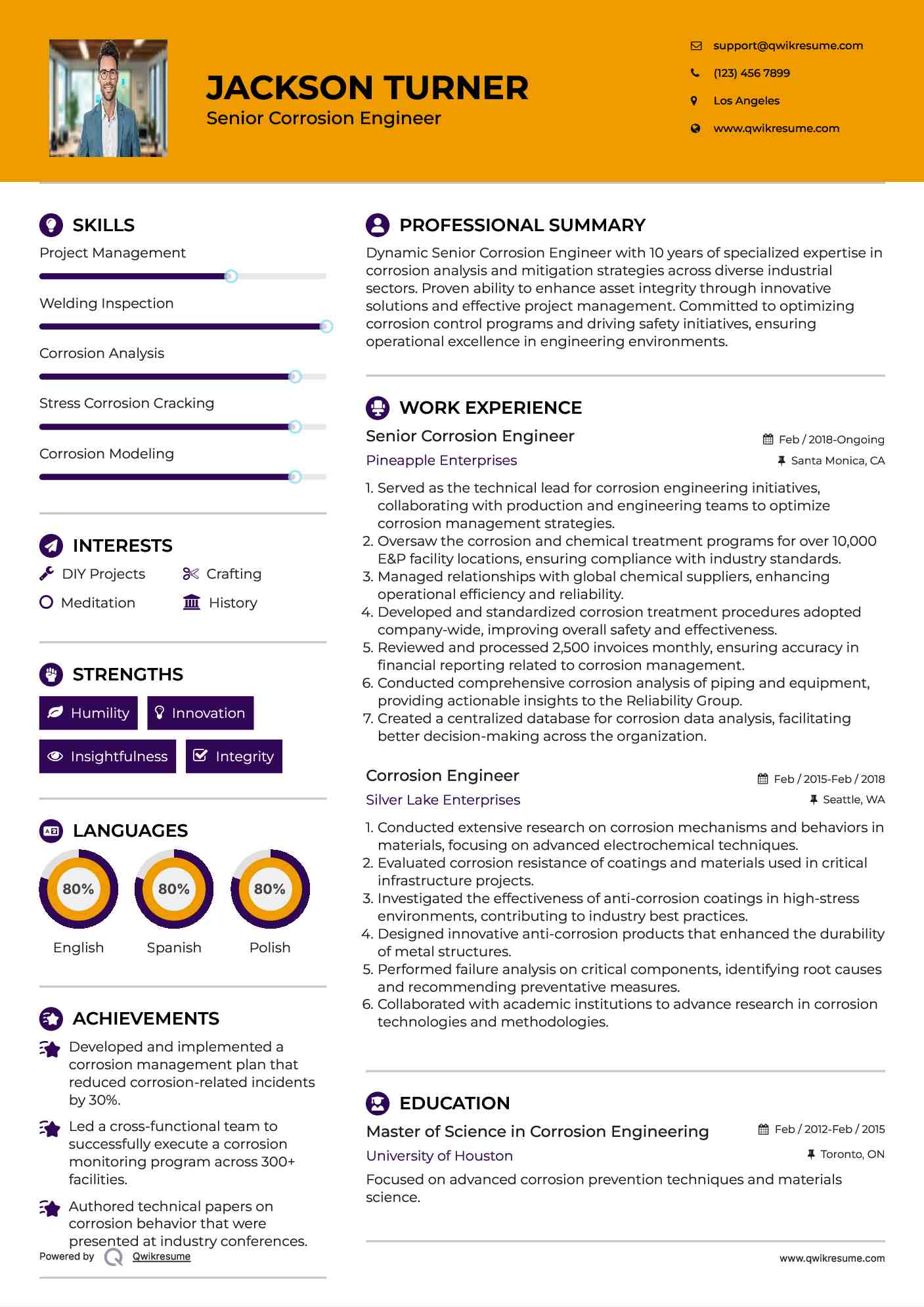 Senior Corrosion Engineer Resume Sample