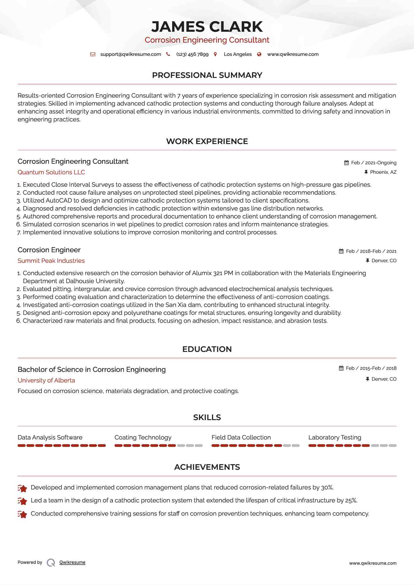 Corrosion Engineering Consultant Resume Model