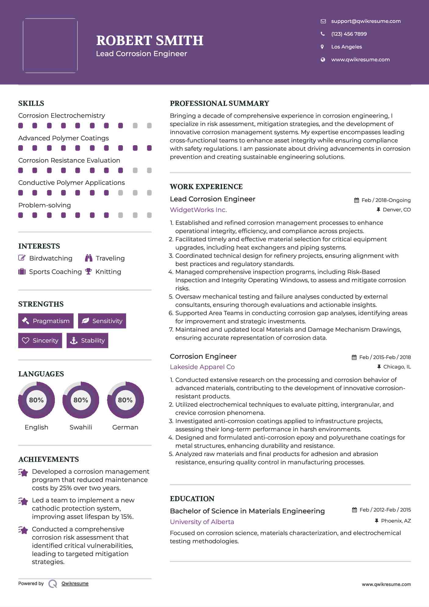 Lead Corrosion Engineer Resume Format
