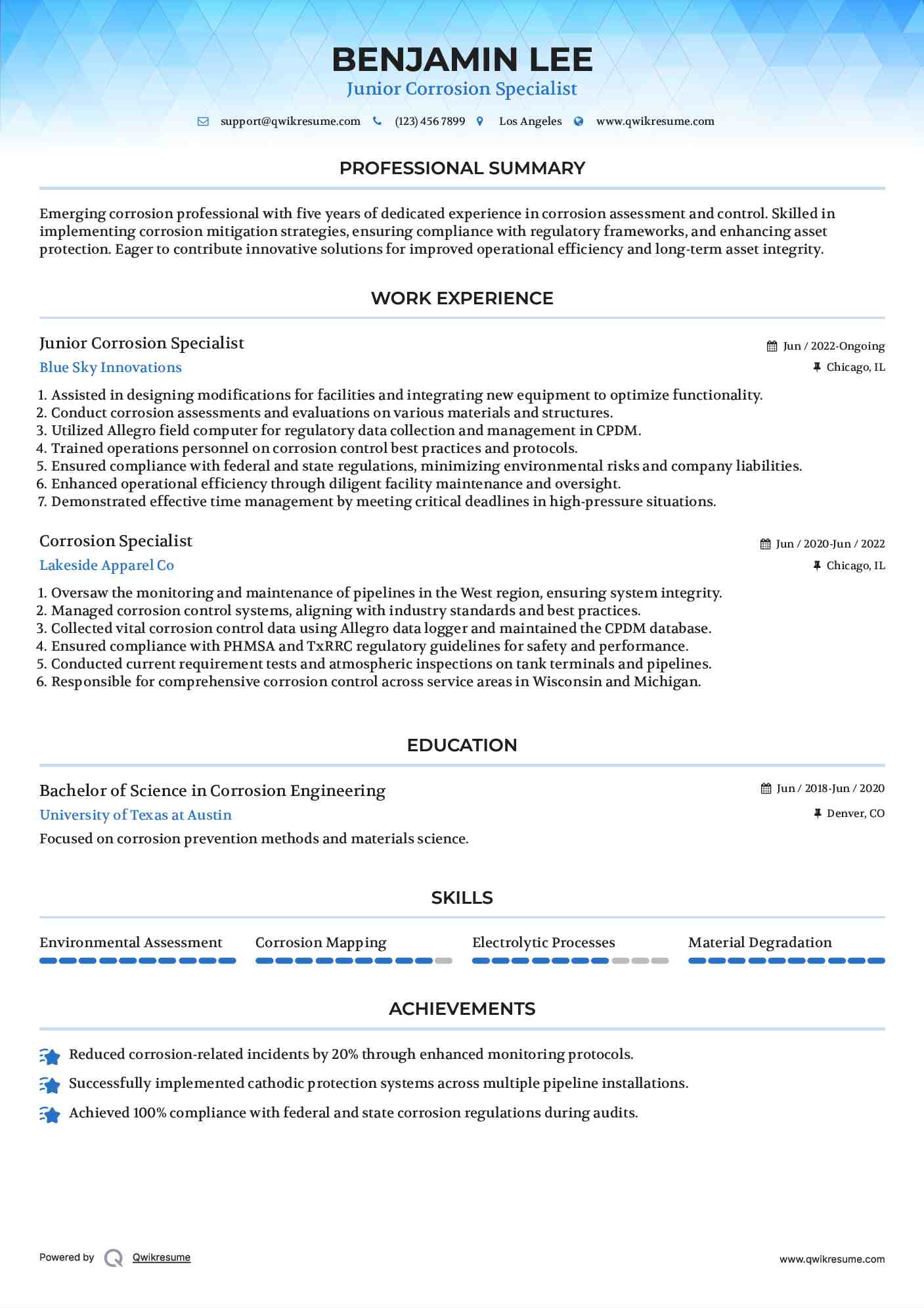 Junior Corrosion Specialist Resume Template