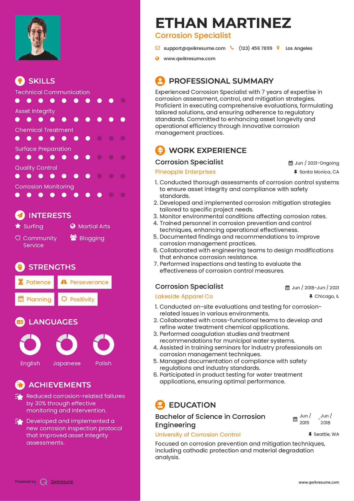 Corrosion Specialist Resume Format
