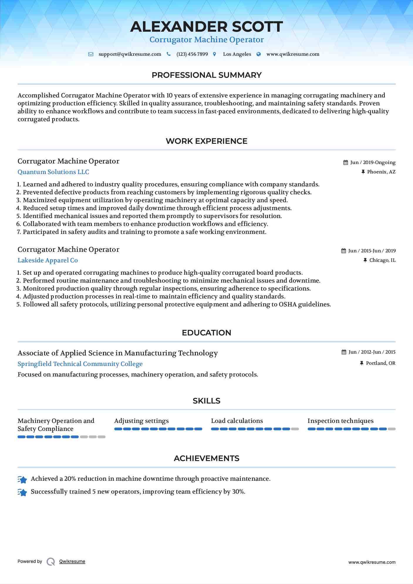 Corrugator Machine Operator Resume Example
