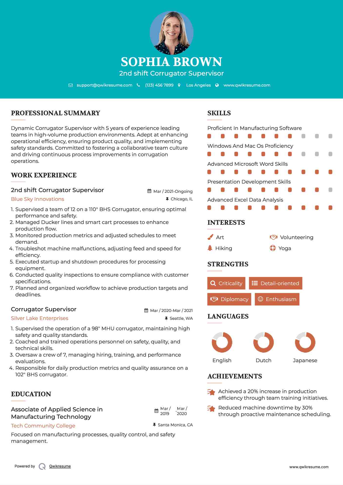 2nd shift Corrugator Supervisor Resume Sample