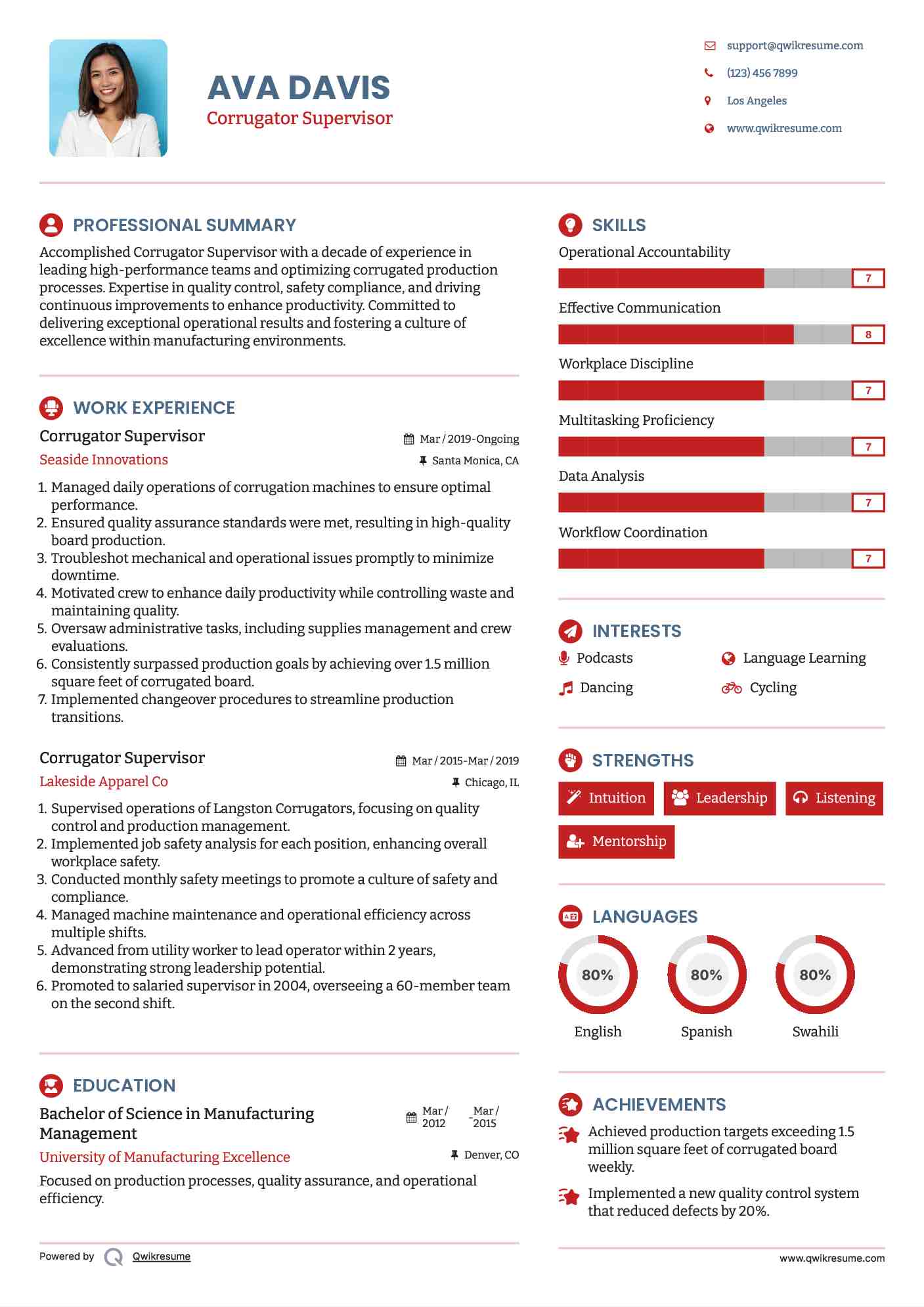 Corrugator Supervisor Resume Example