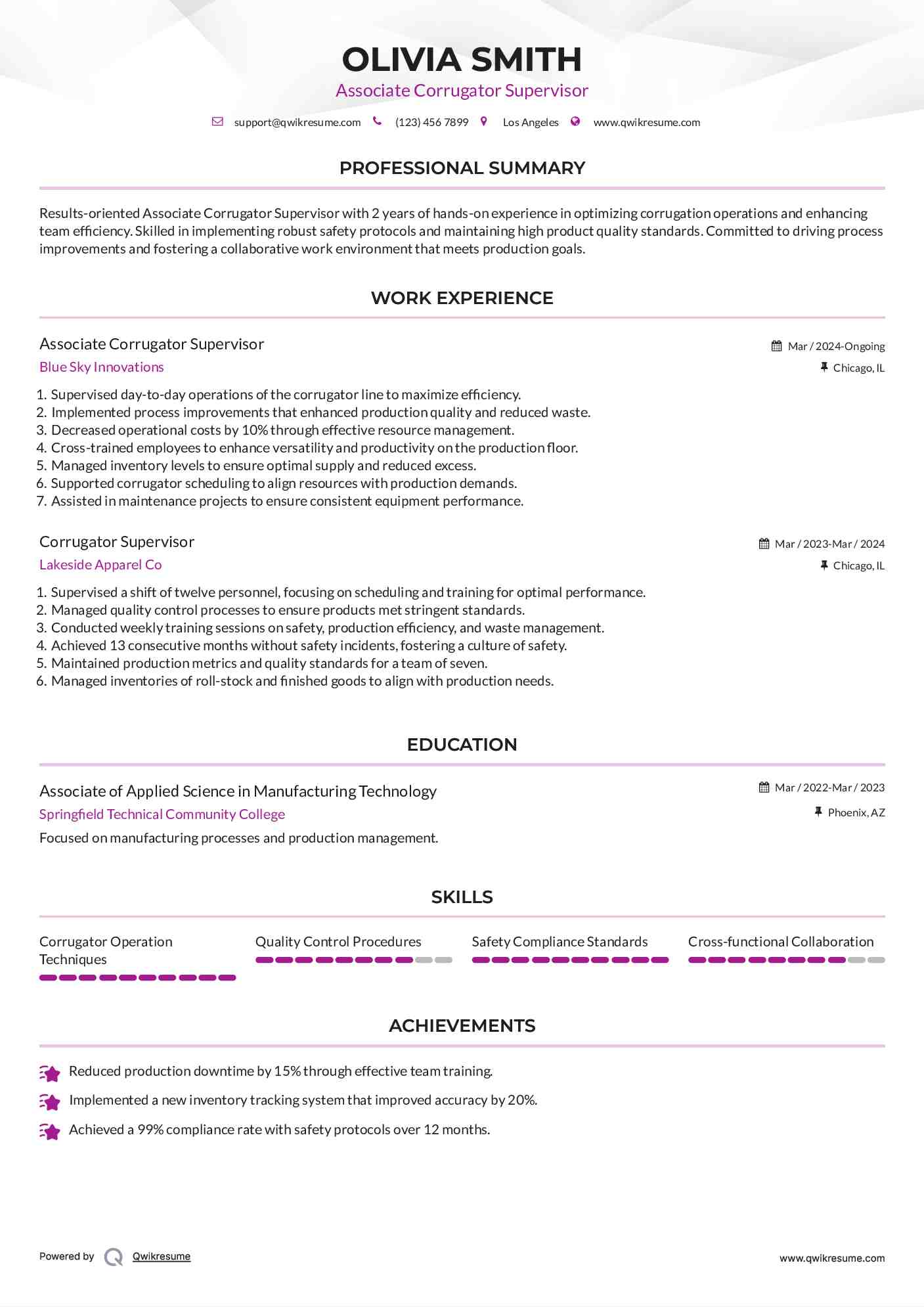 Associate Corrugator Supervisor Resume Model