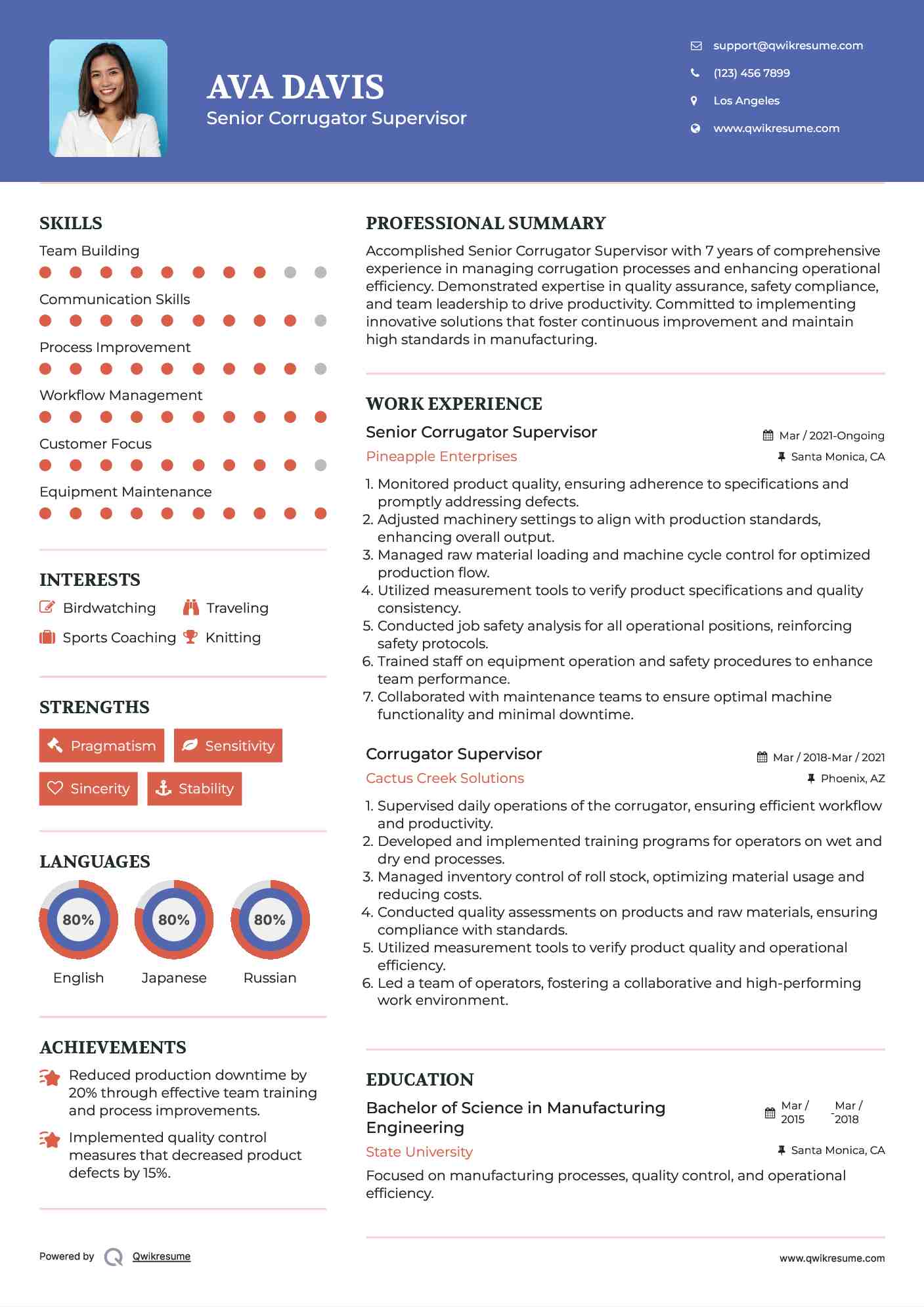 Senior Corrugator Supervisor Resume Template