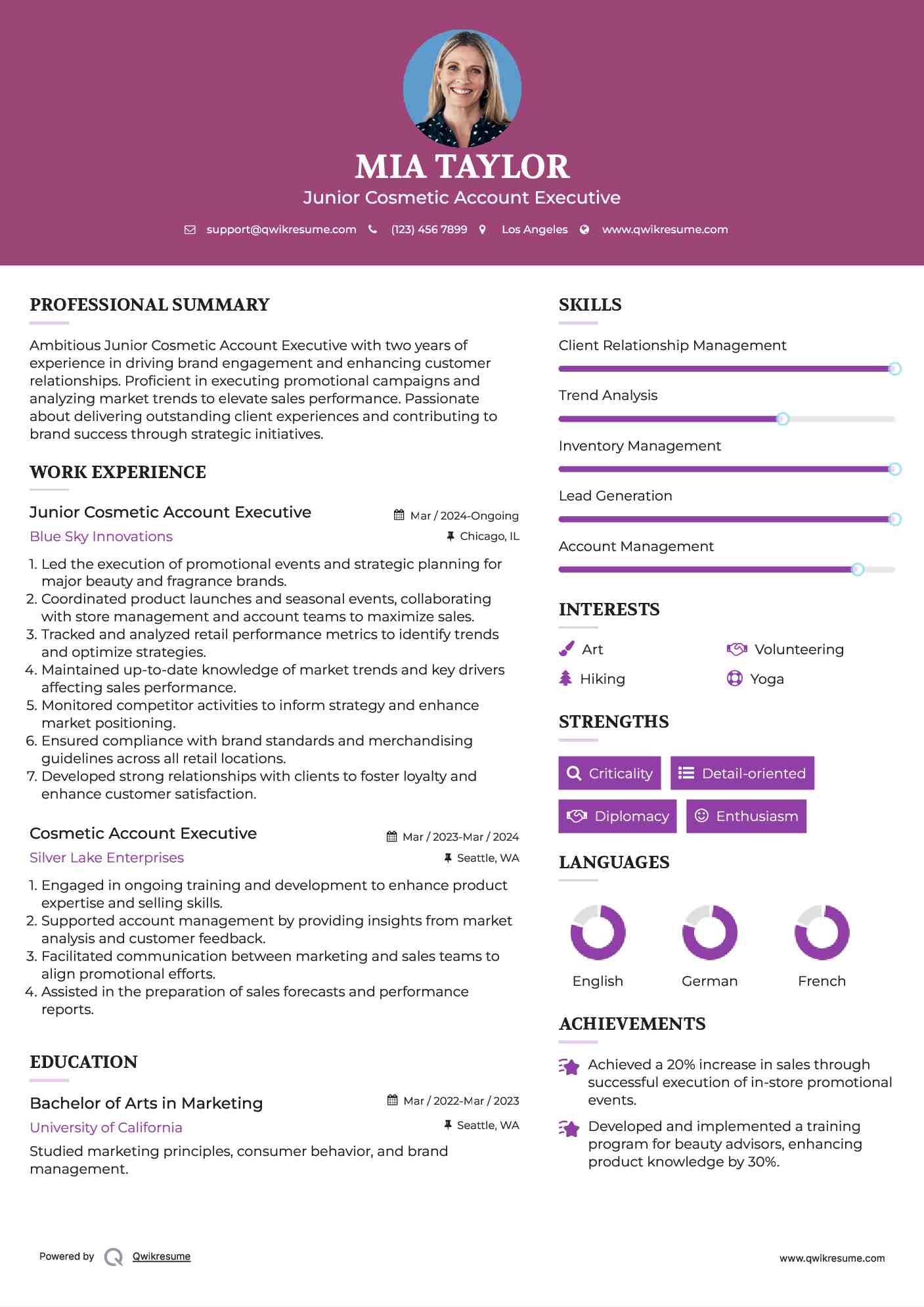 Junior Cosmetic Account Executive Resume Example