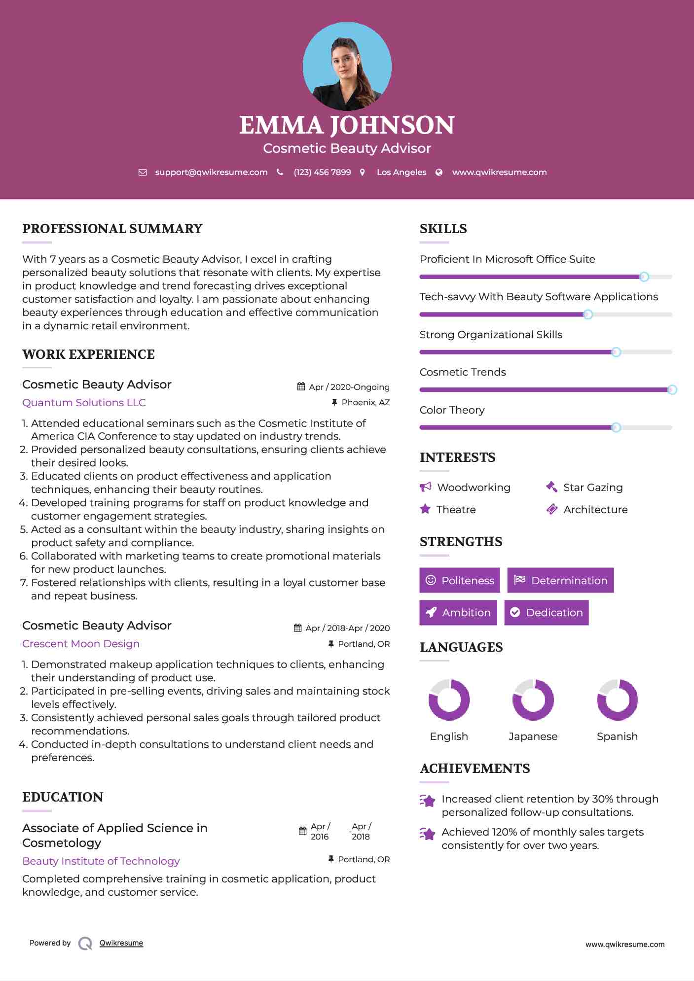 Cosmetic Beauty Advisor Resume Template