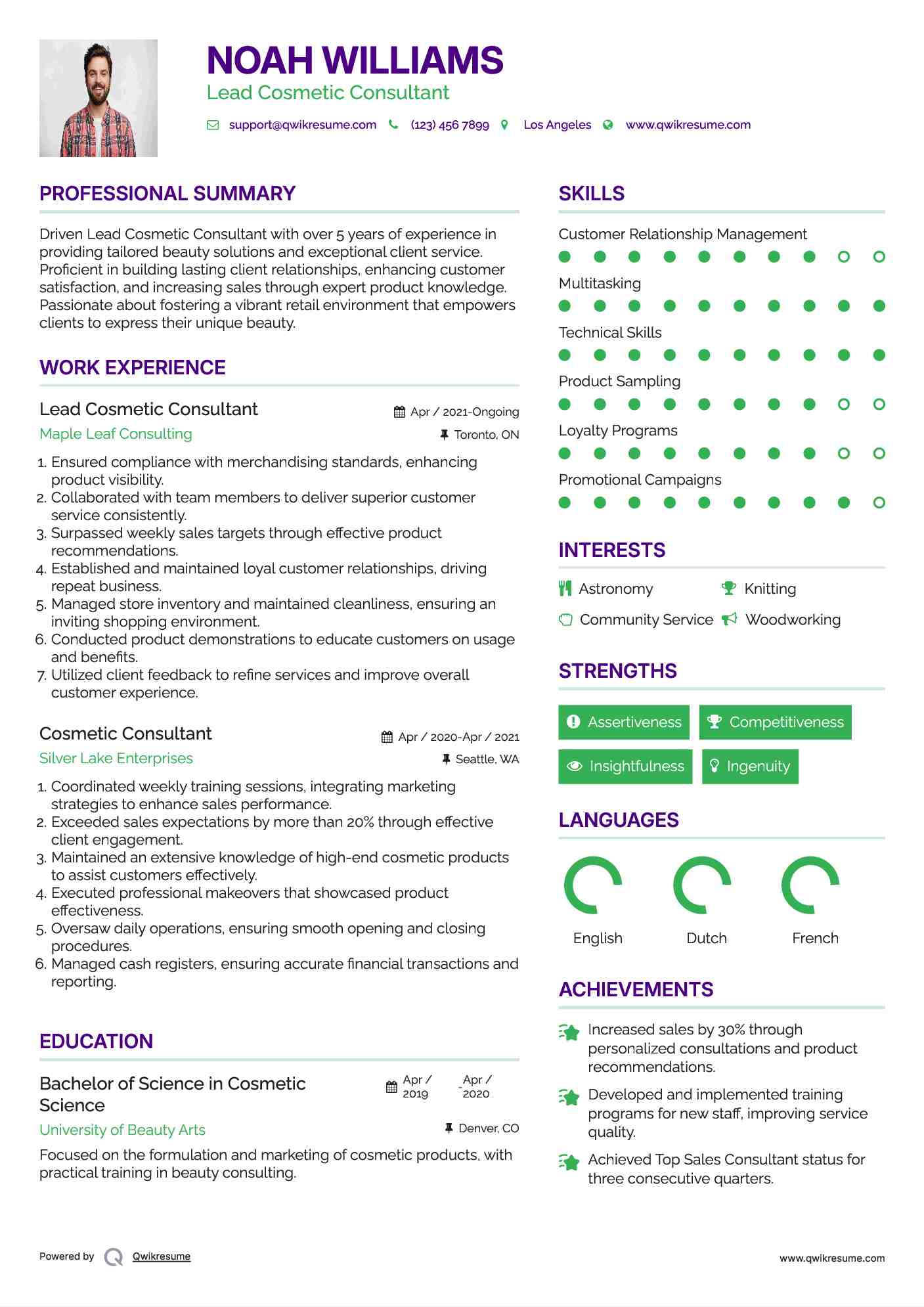 Lead Cosmetic Consultant Resume Model