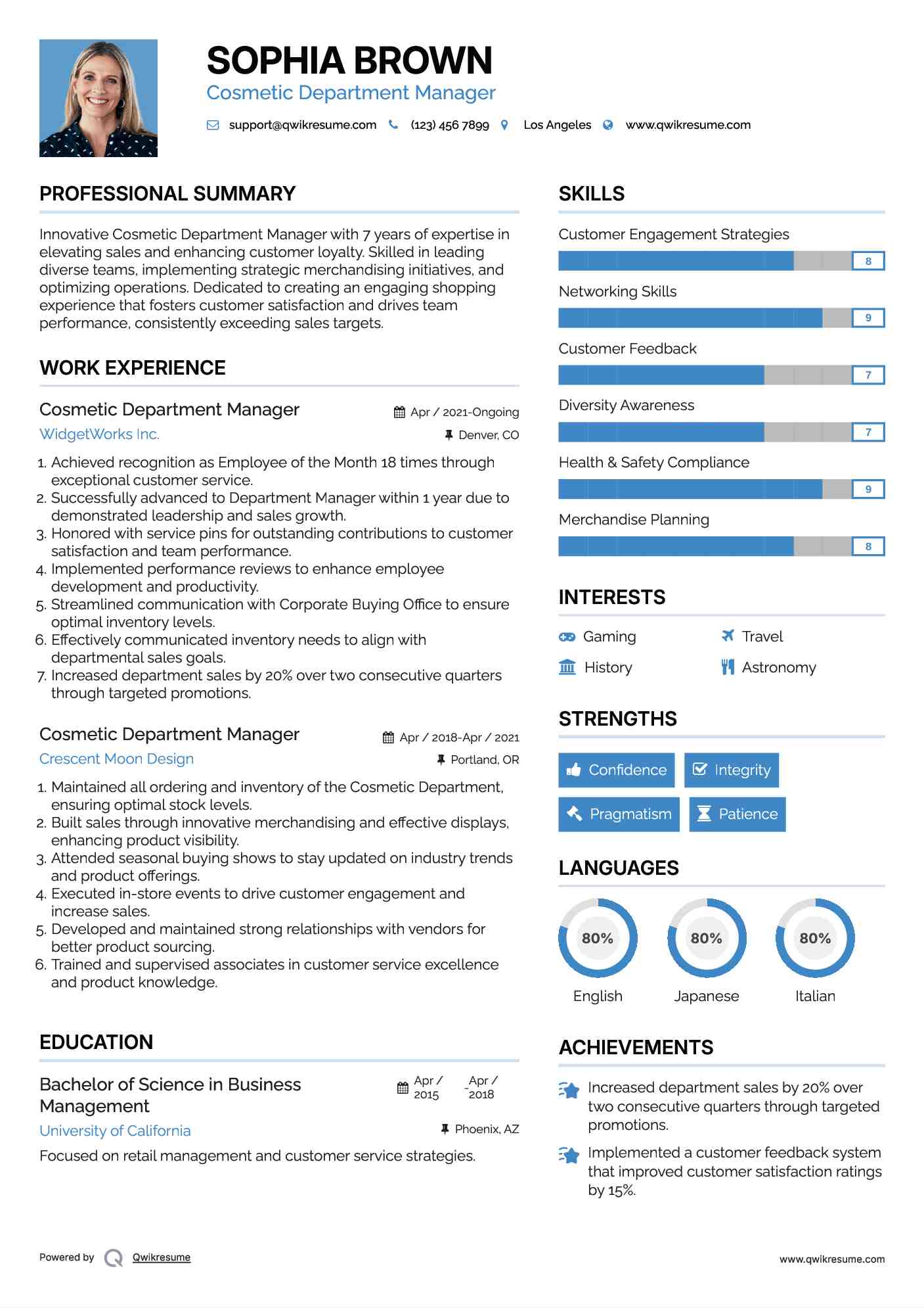 Cosmetic Department Manager Resume Sample