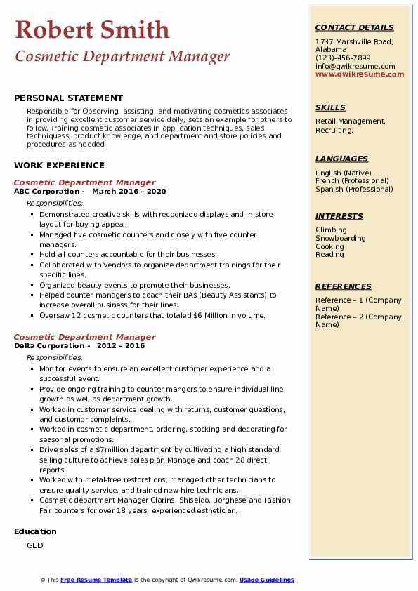 Cosmetic Department Manager Resume Samples QwikResume