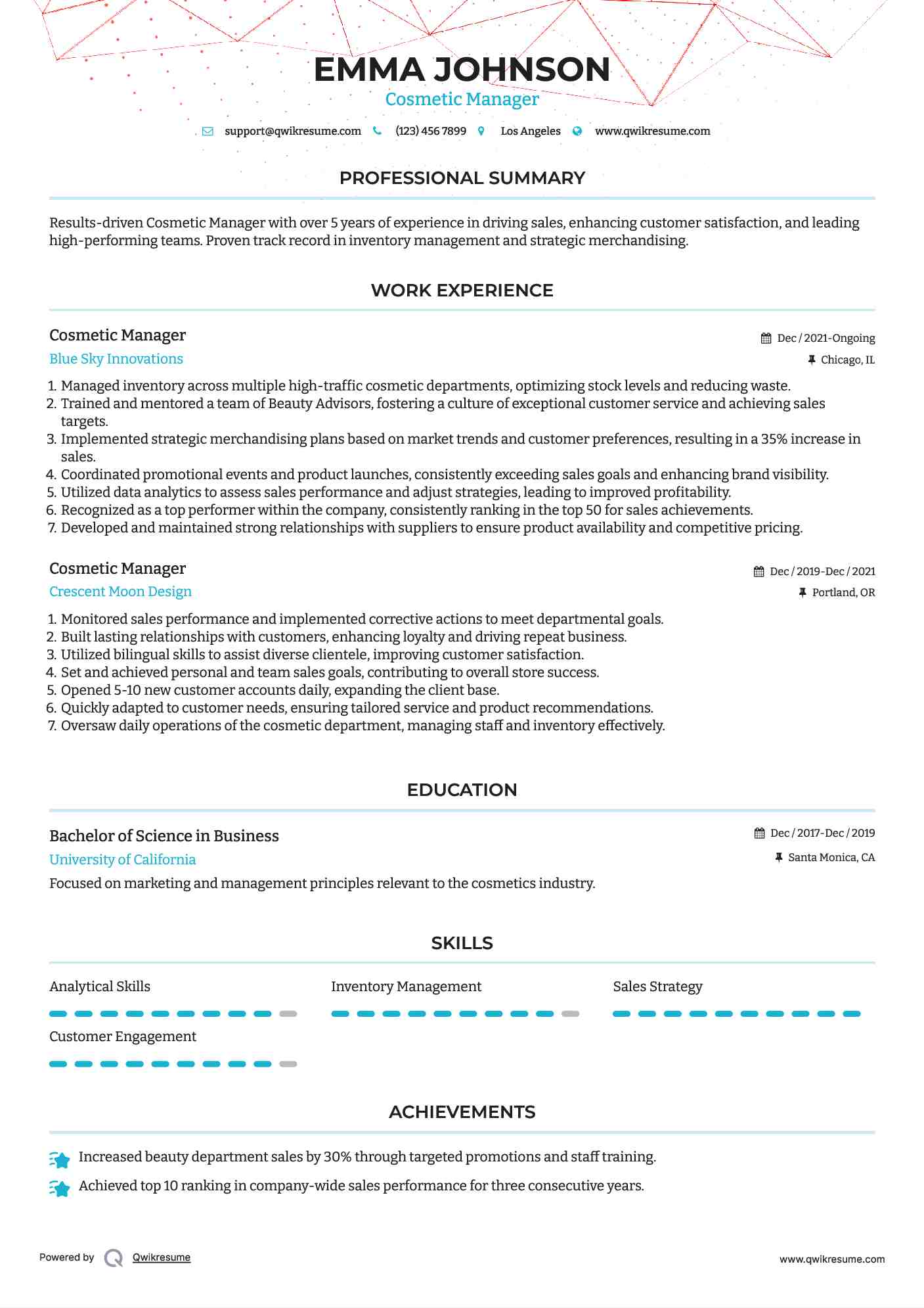 Cosmetic Manager Resume Model