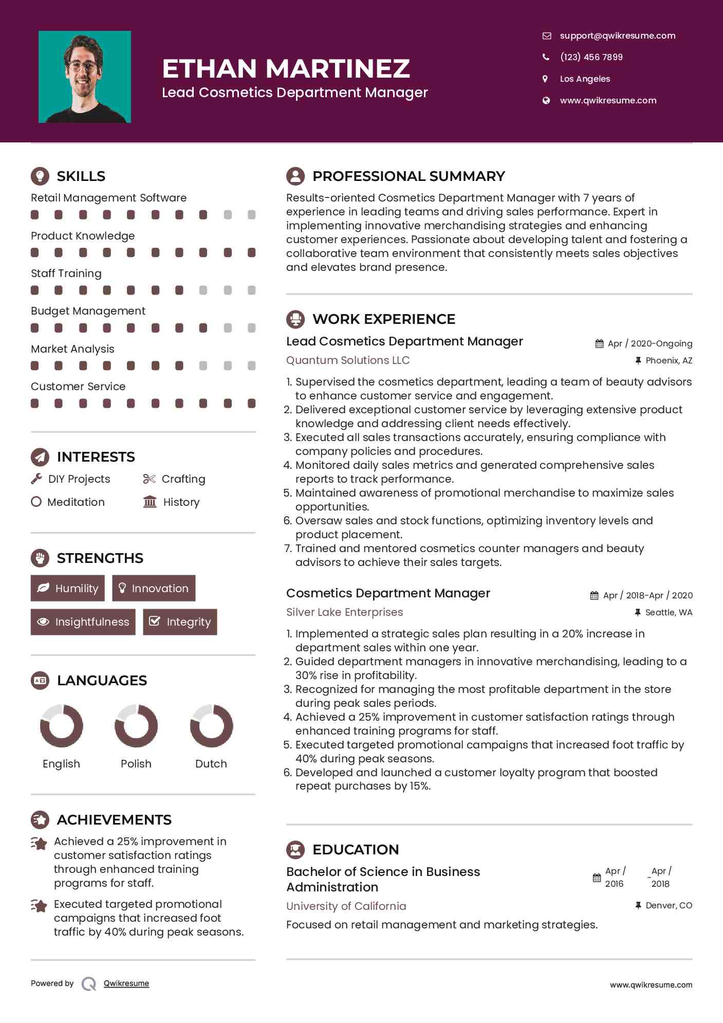 Lead Cosmetics Department Manager Resume Template