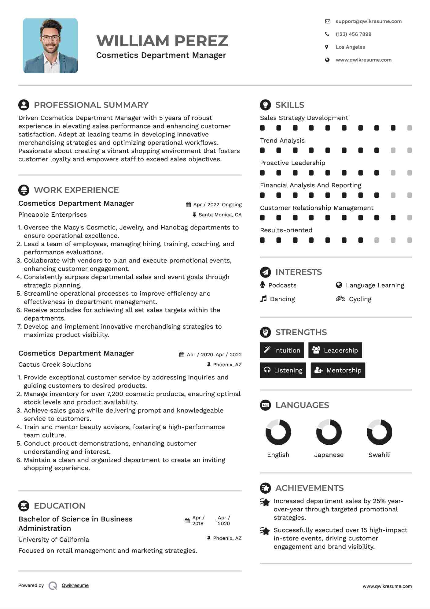 Cosmetics Department Manager Resume Template